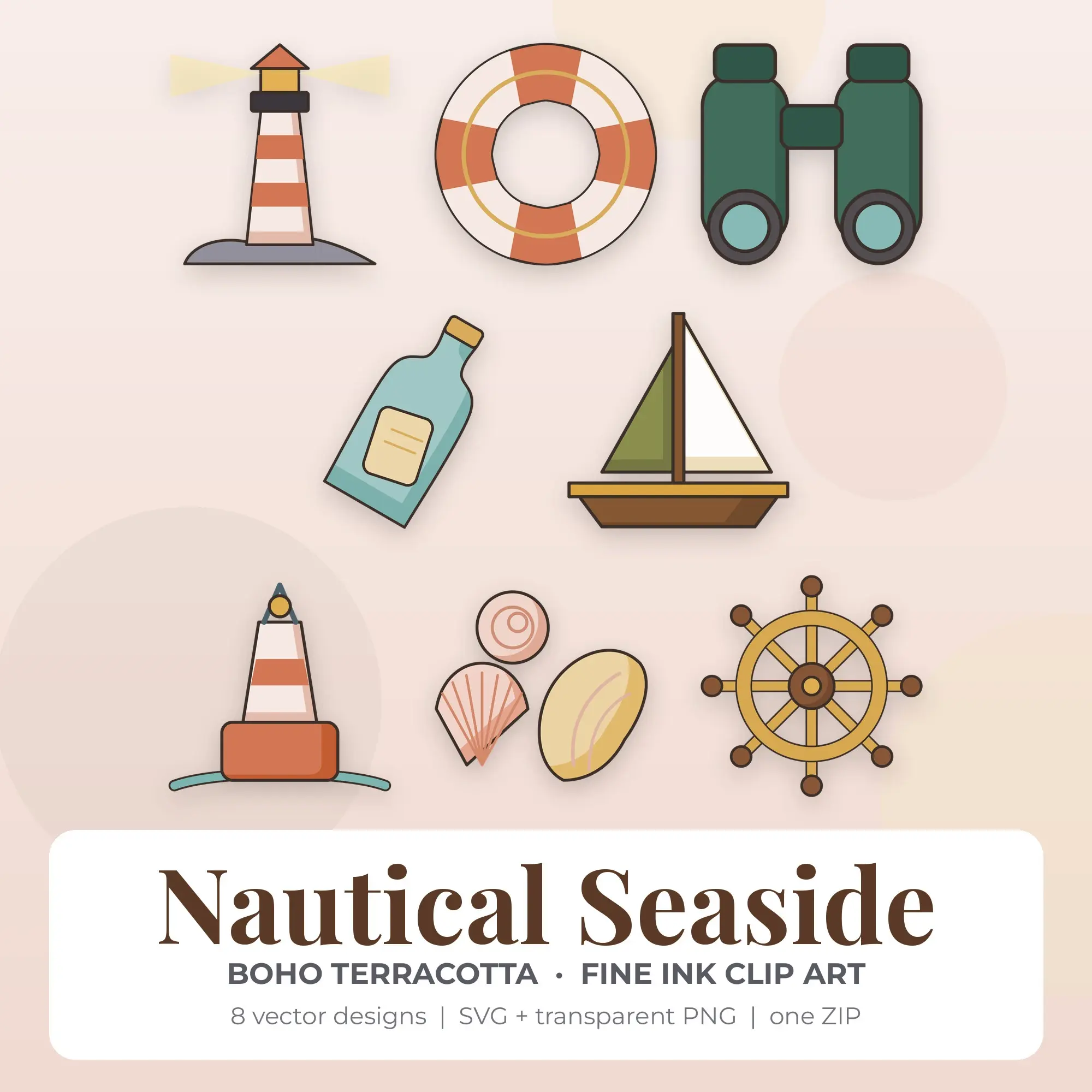 8 Fine Ink Nautical Seaside Clipart Illustrations, SVG PNG preview