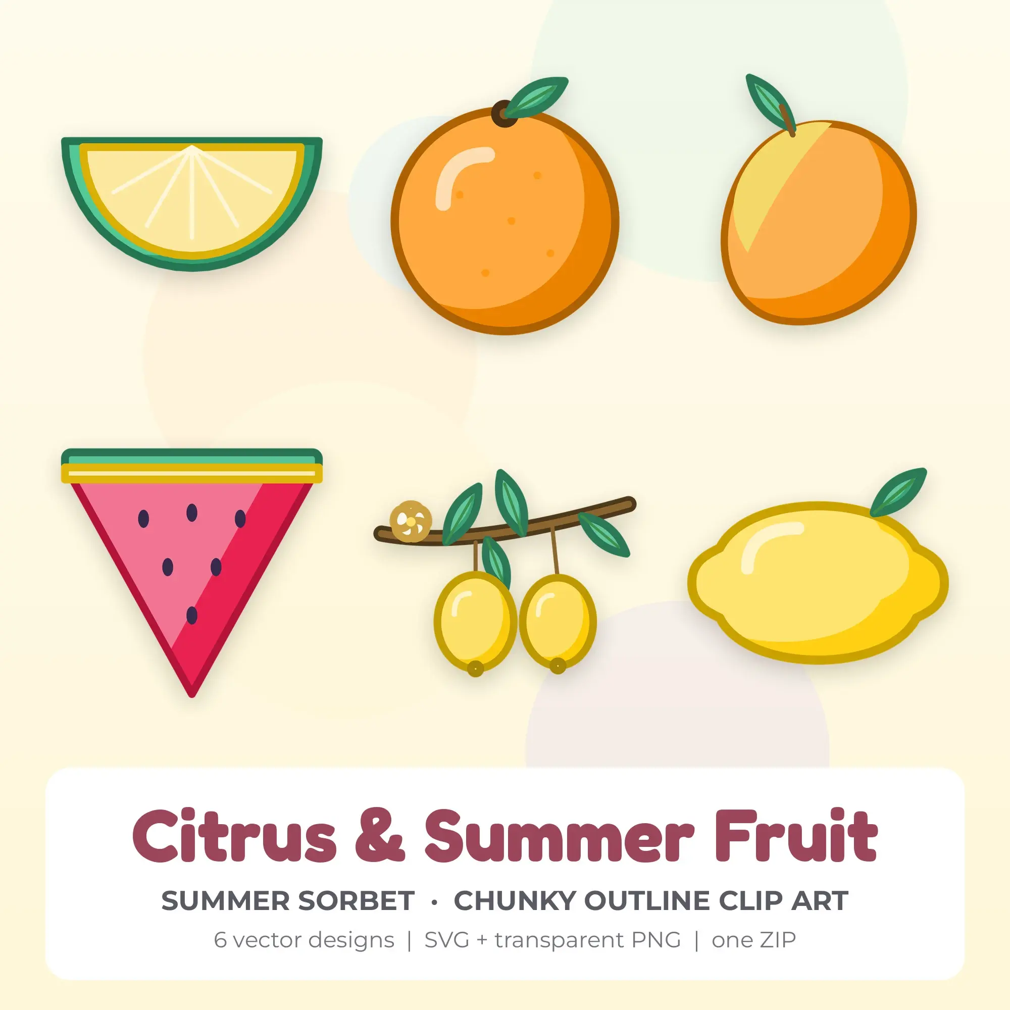 6 Chunky Outline Citrus & Summer Fruit Clipart Illustrations, SVG PNG, preview 1 of 2