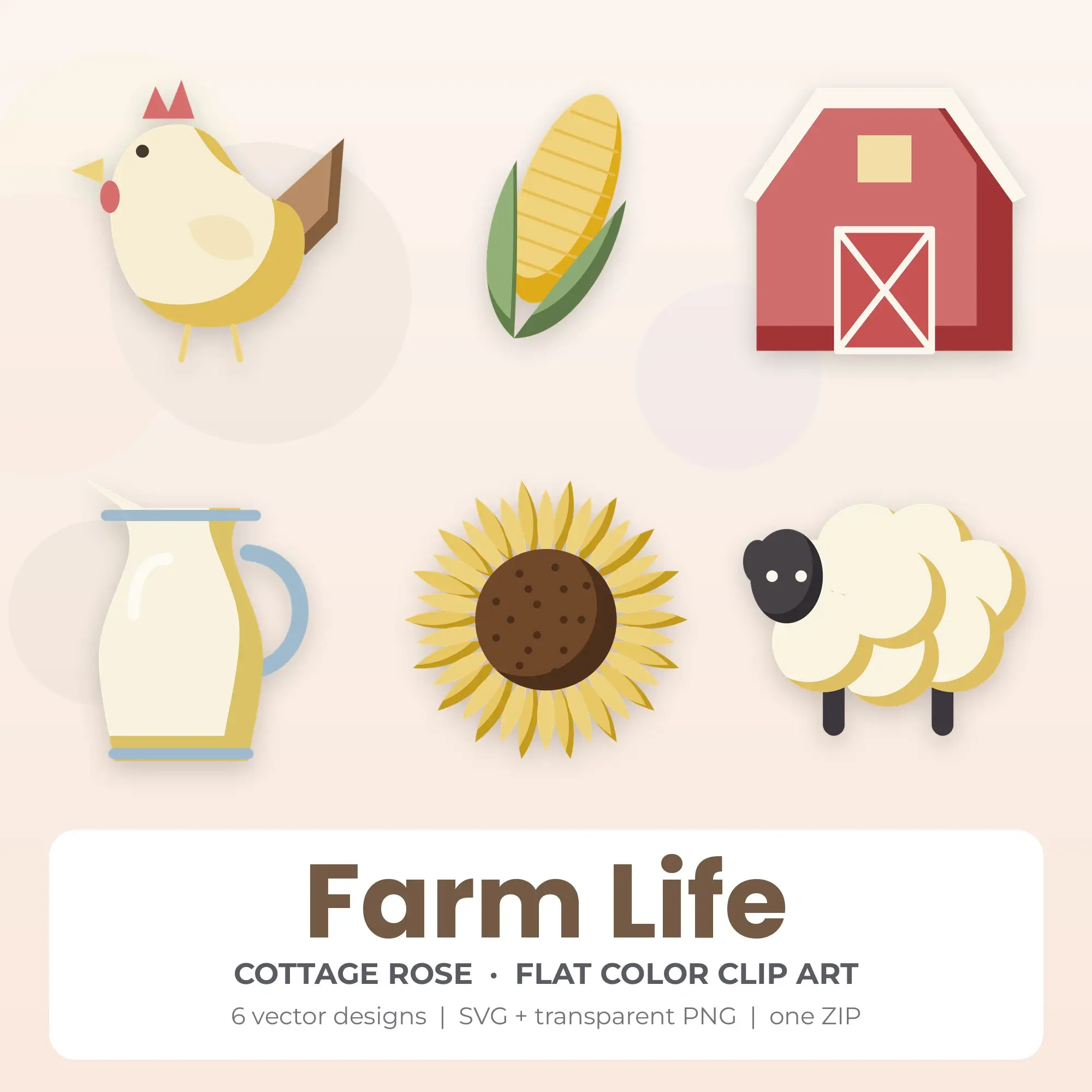 Flat Color Farm Life Clipart Bundle, Cottage Rose - 6 PNG SVG preview
