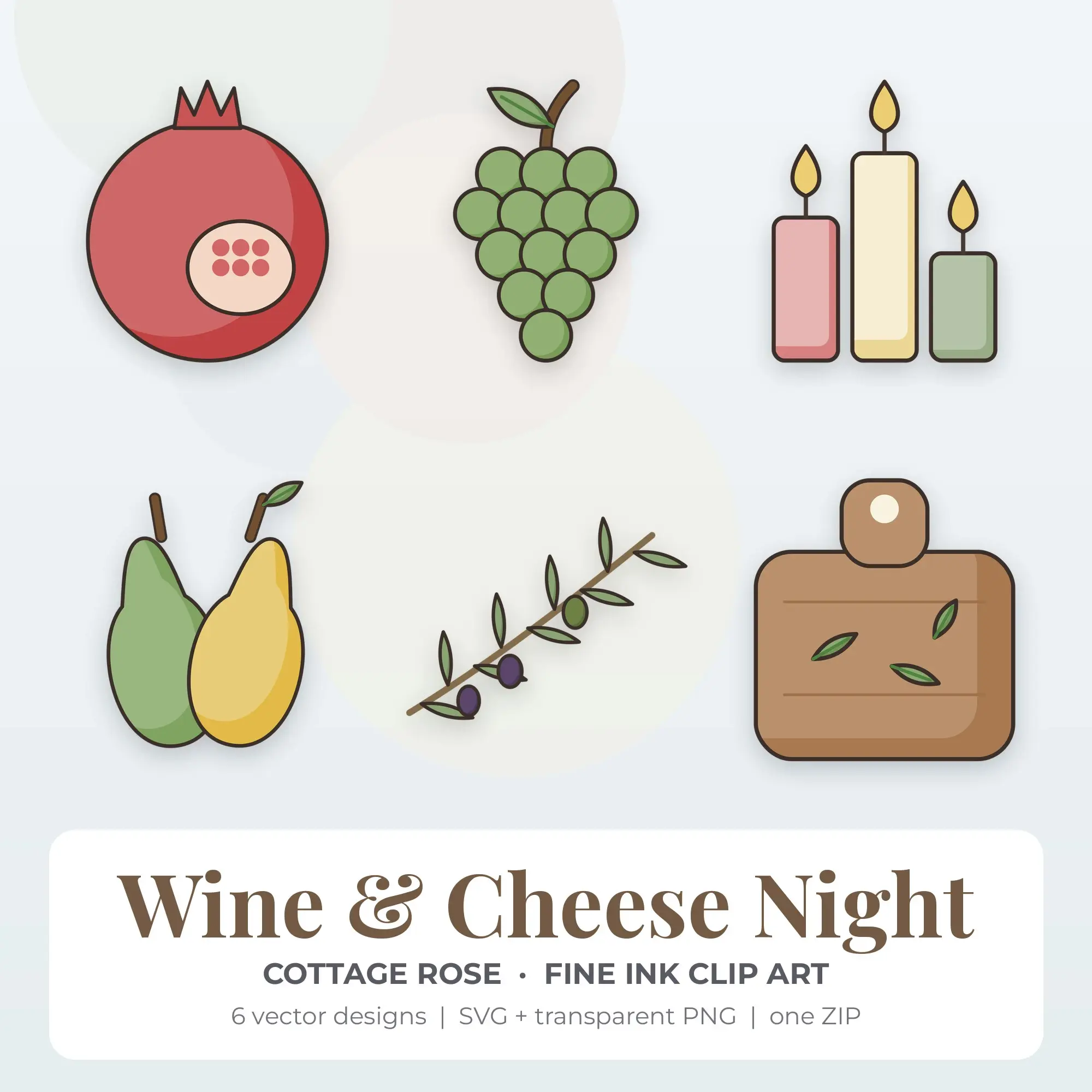 Cottage Rose Fine Ink Wine & Cheese Night Clipart - 6 Vector Files preview