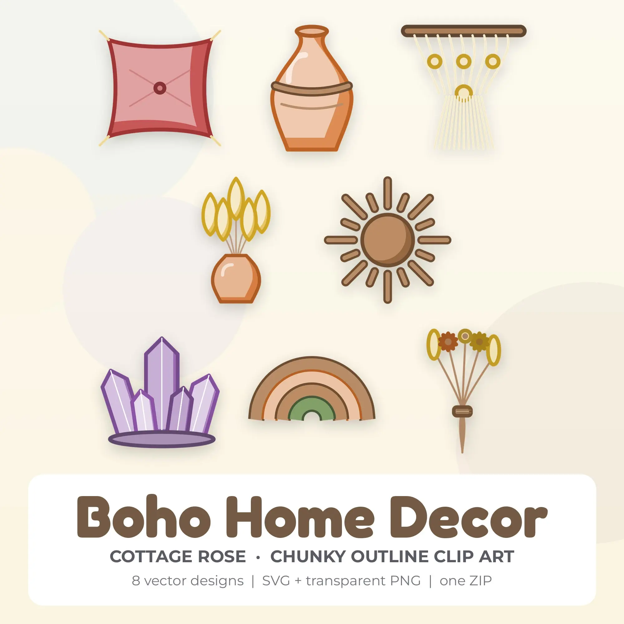 Boho Home Decor SVG Clipart Pack, Chunky Outline Style - 8 Designs preview