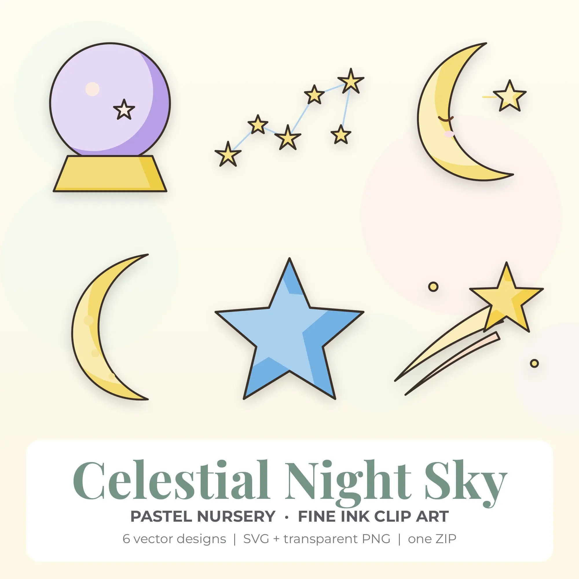 Pastel Nursery Fine Ink Celestial Night Sky Clipart - 6 Vector Files, preview 1 of 2