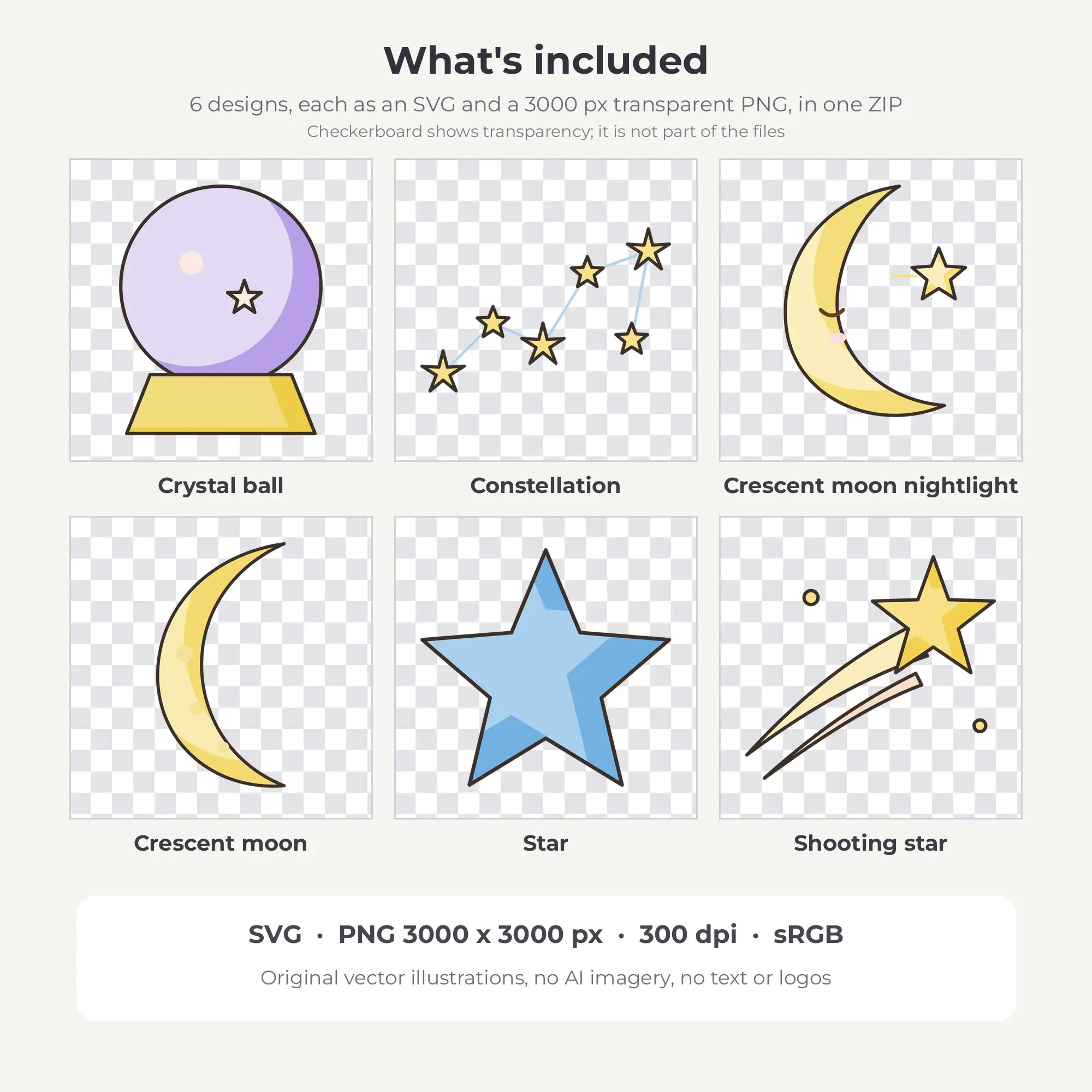 Pastel Nursery Fine Ink Celestial Night Sky Clipart - 6 Vector Files, preview 2 of 2