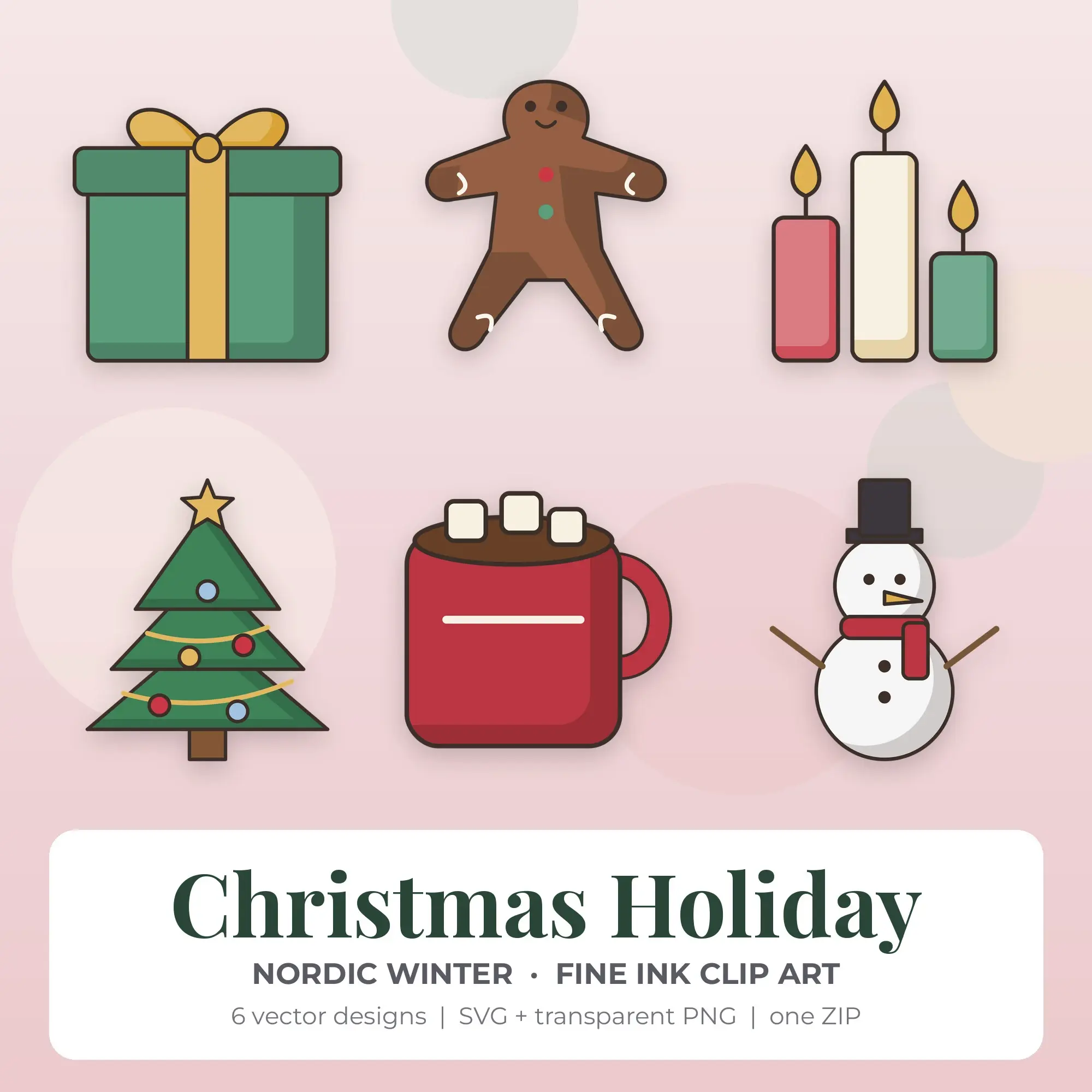 6 Fine Ink Christmas Holiday Clipart Illustrations, SVG PNG, preview 1 of 2