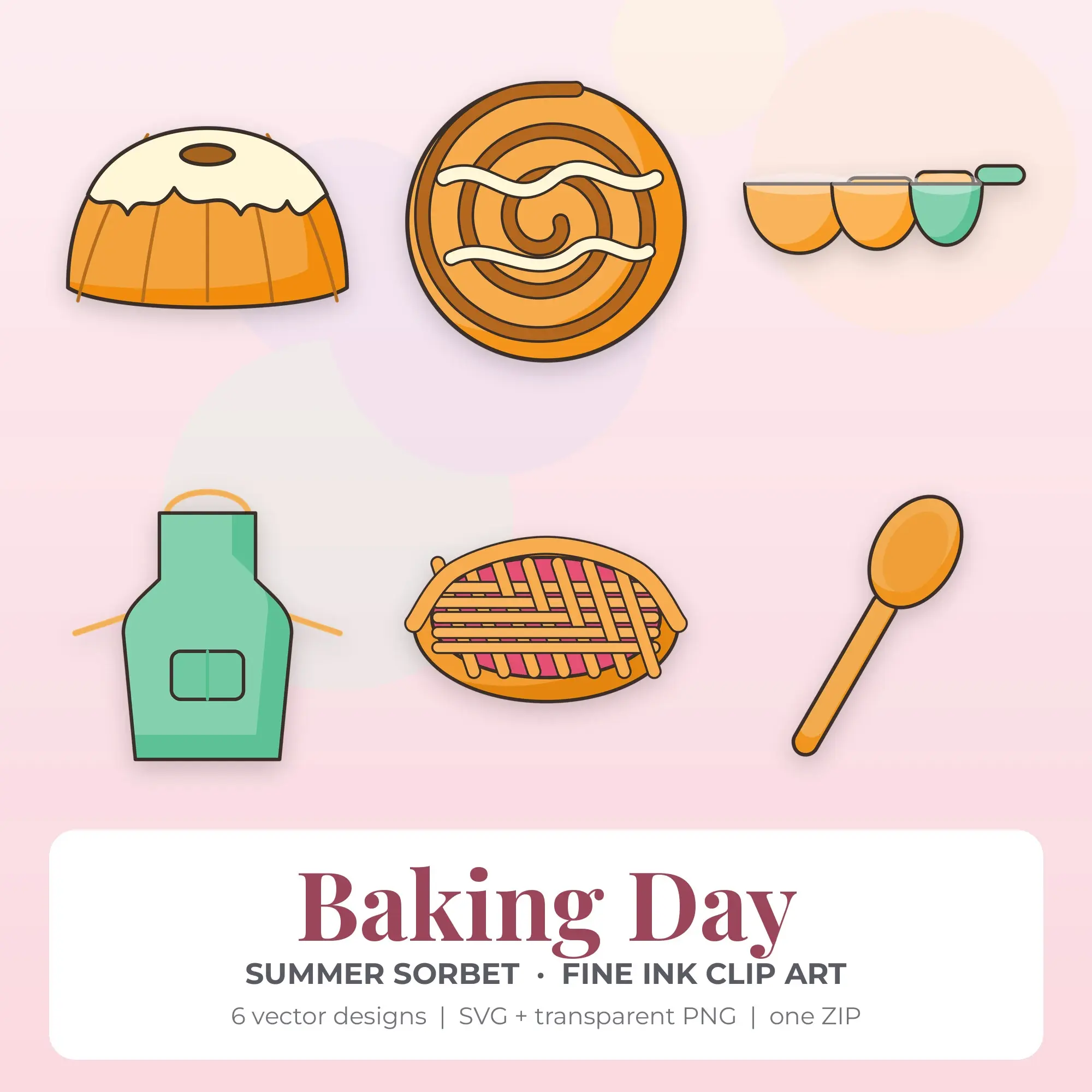 Fine Ink Baking Day Clipart Bundle, Summer Sorbet - 6 PNG SVG, preview 1 of 2