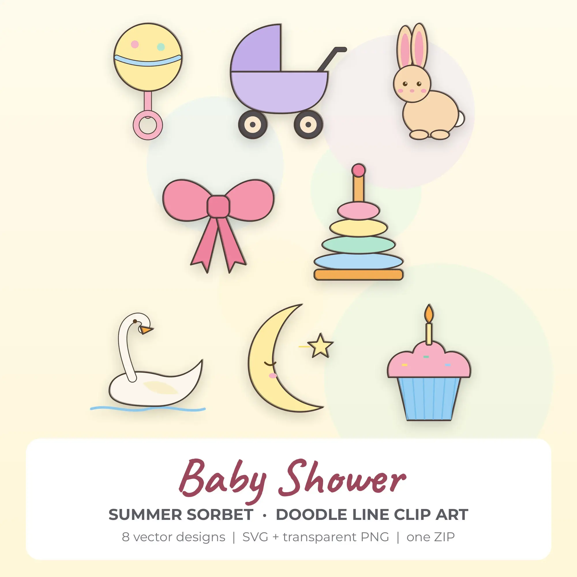 Doodle Line Baby Shower Clipart Bundle, Summer Sorbet - 8 PNG SVG preview