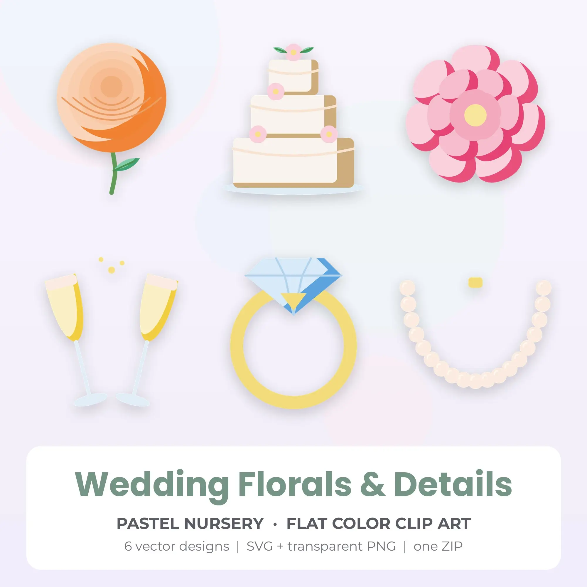 6 Flat Color Wedding Florals & Details Clipart Illustrations, SVG PNG preview