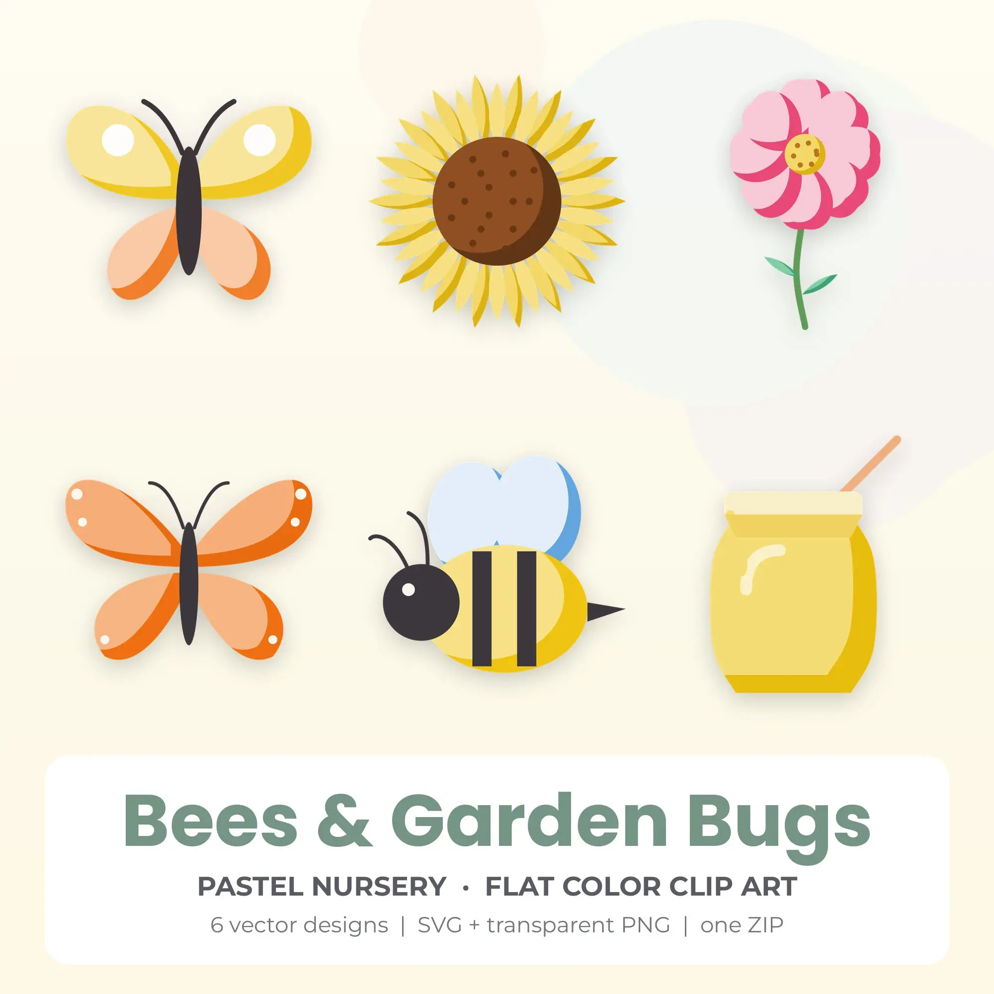 Bees & Garden Bugs Vector Clip Art in Pastel Nursery - 6 Designs preview