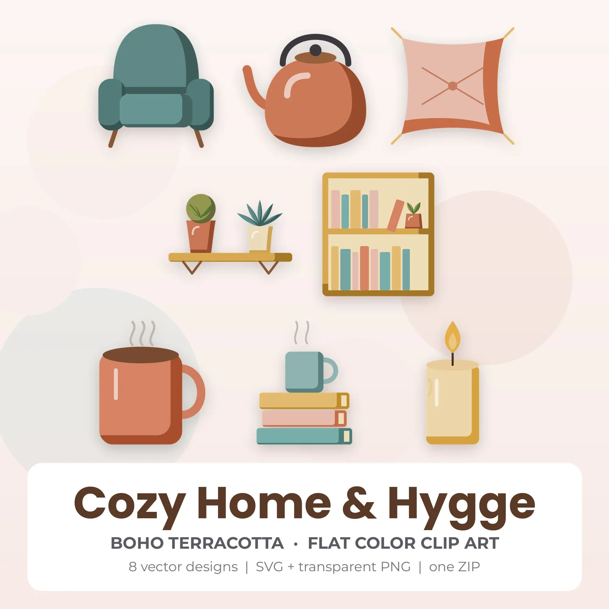 Boho Terracotta Flat Color Cozy Home & Hygge Clipart - 8 Vector Files preview