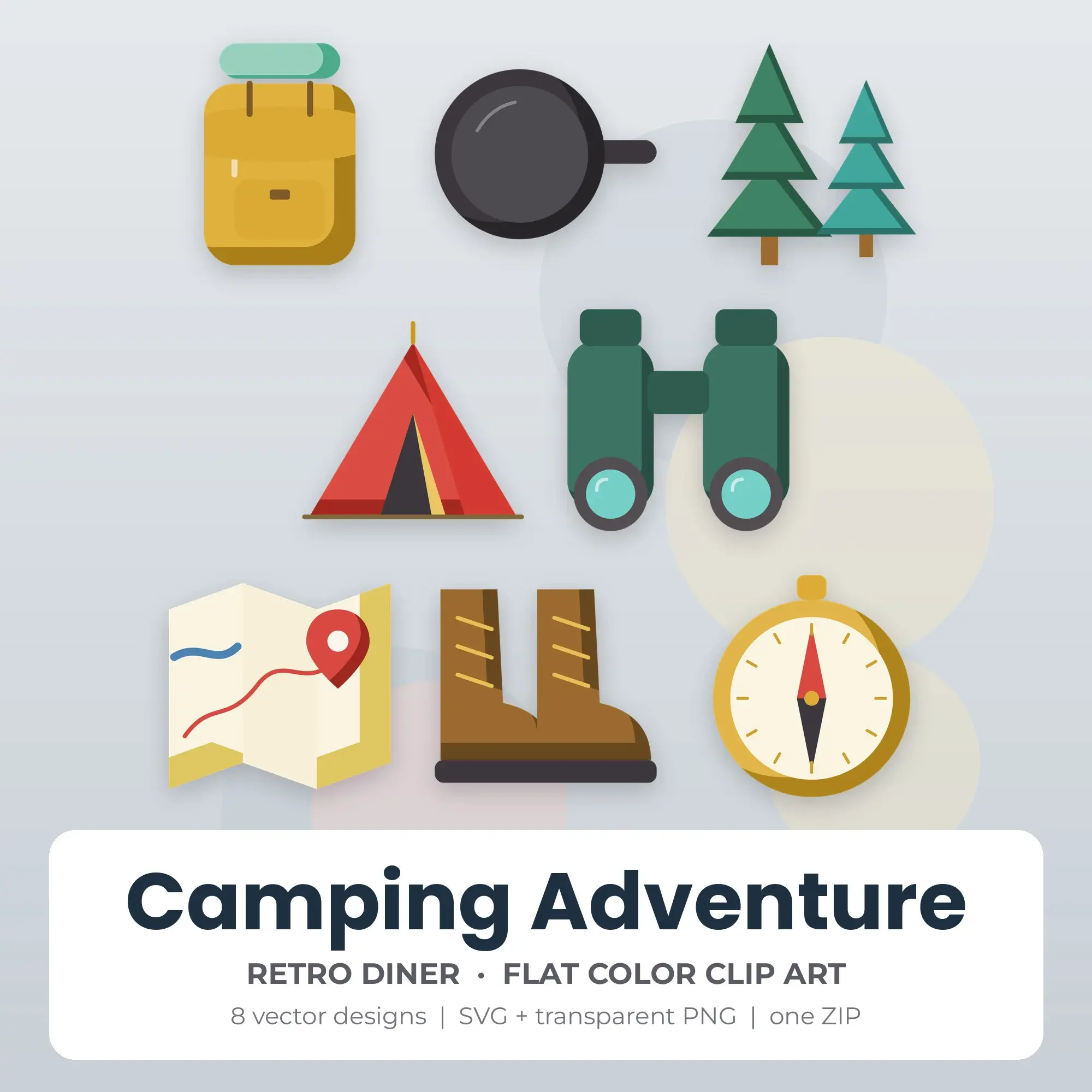 Retro Diner Flat Color Camping Adventure Clipart - 8 Vector Files preview