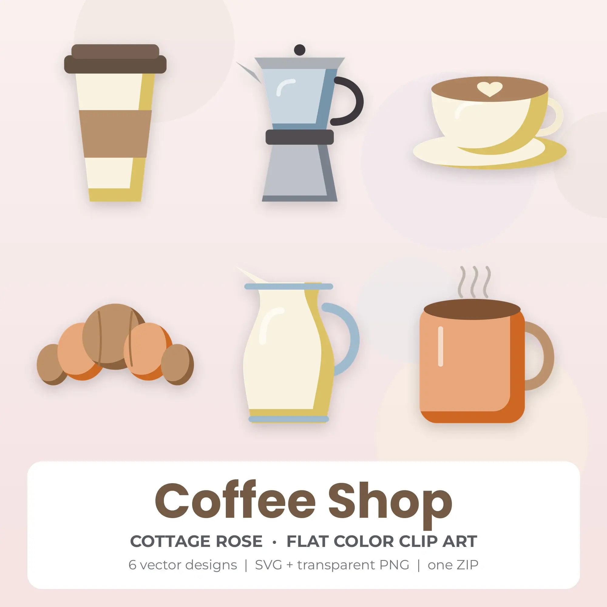 Flat Color Coffee Shop Clipart Bundle, Cottage Rose - 6 PNG SVG preview