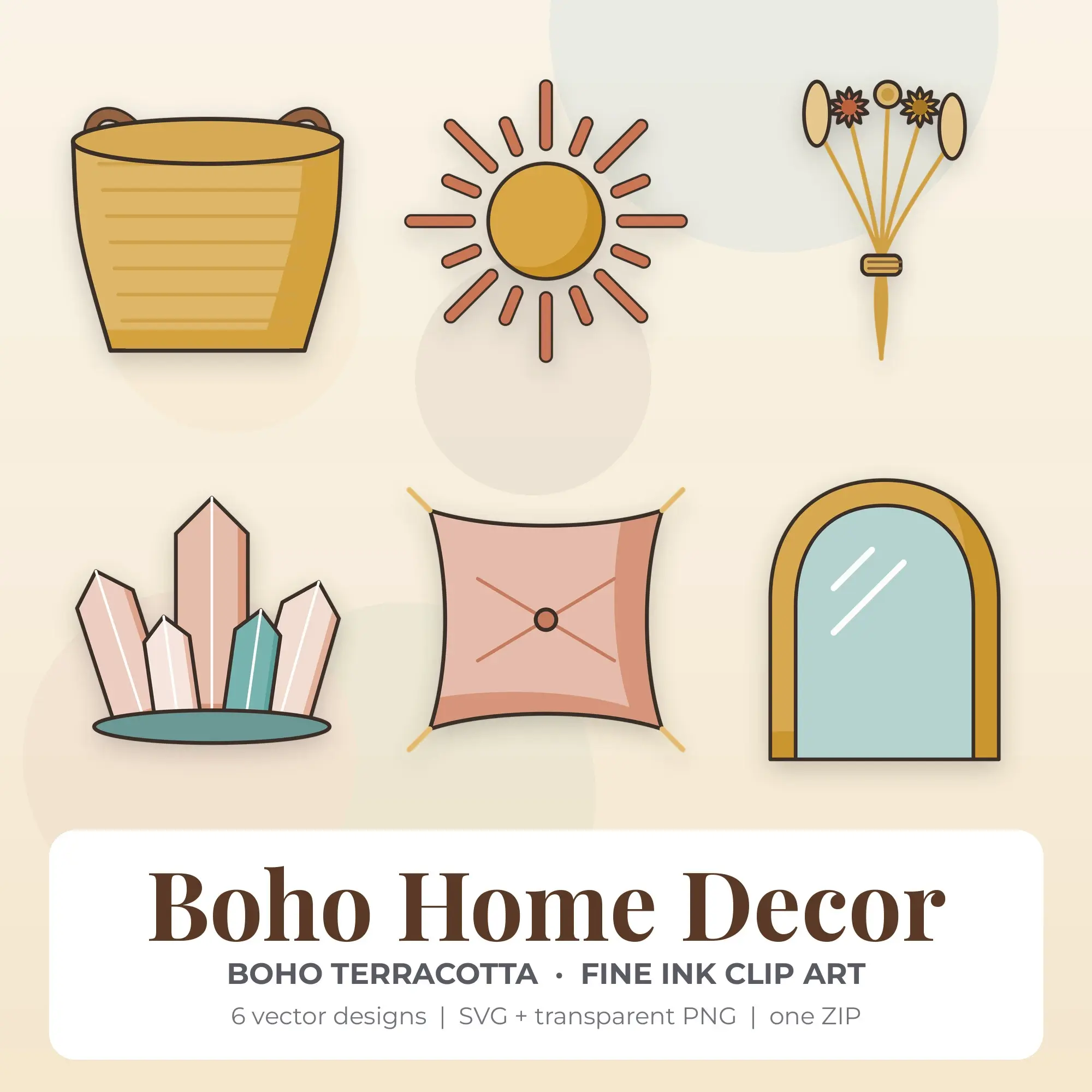 Boho Home Decor Vector Clip Art in Boho Terracotta - 6 Designs preview