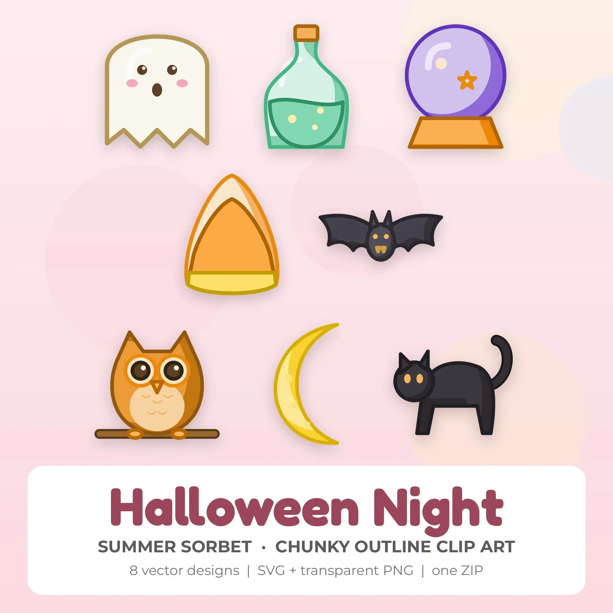 Halloween Night Clipart, Summer Sorbet Chunky Outline - 8 SVG PNG preview