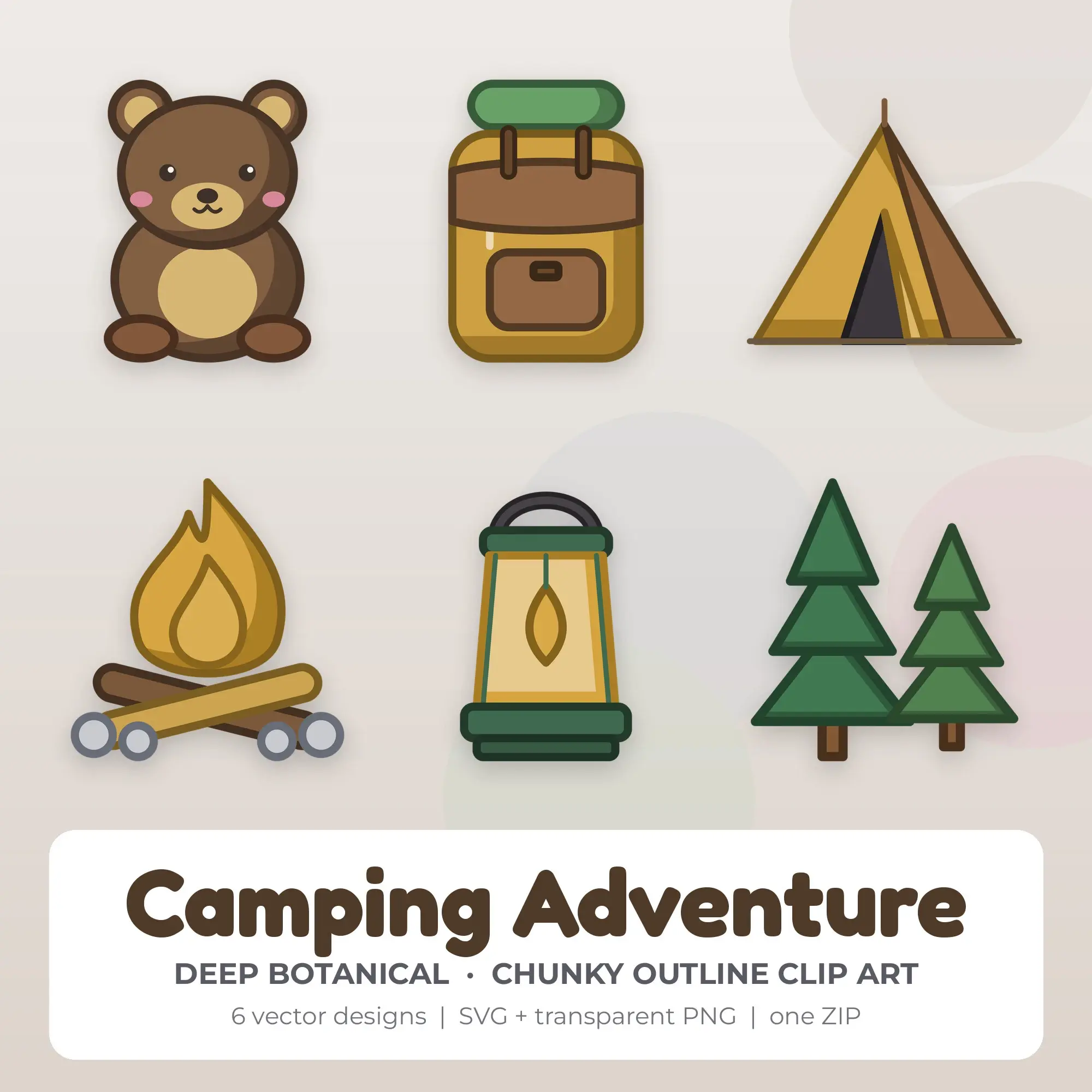 Camping Adventure Clipart, Deep Botanical Chunky Outline - 6 SVG PNG preview