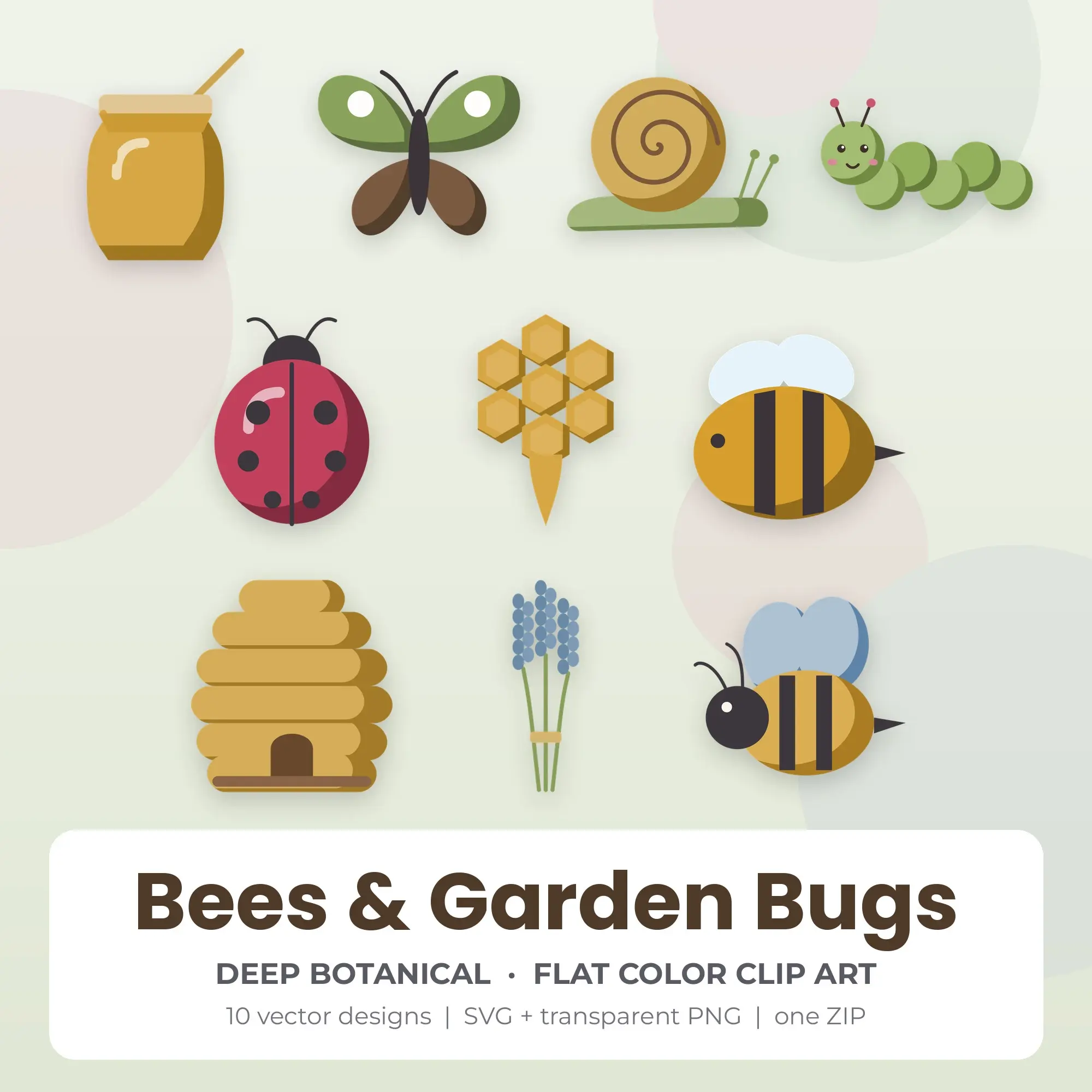 Bees & Garden Bugs Clipart, Deep Botanical Flat Color - 10 SVG PNG preview