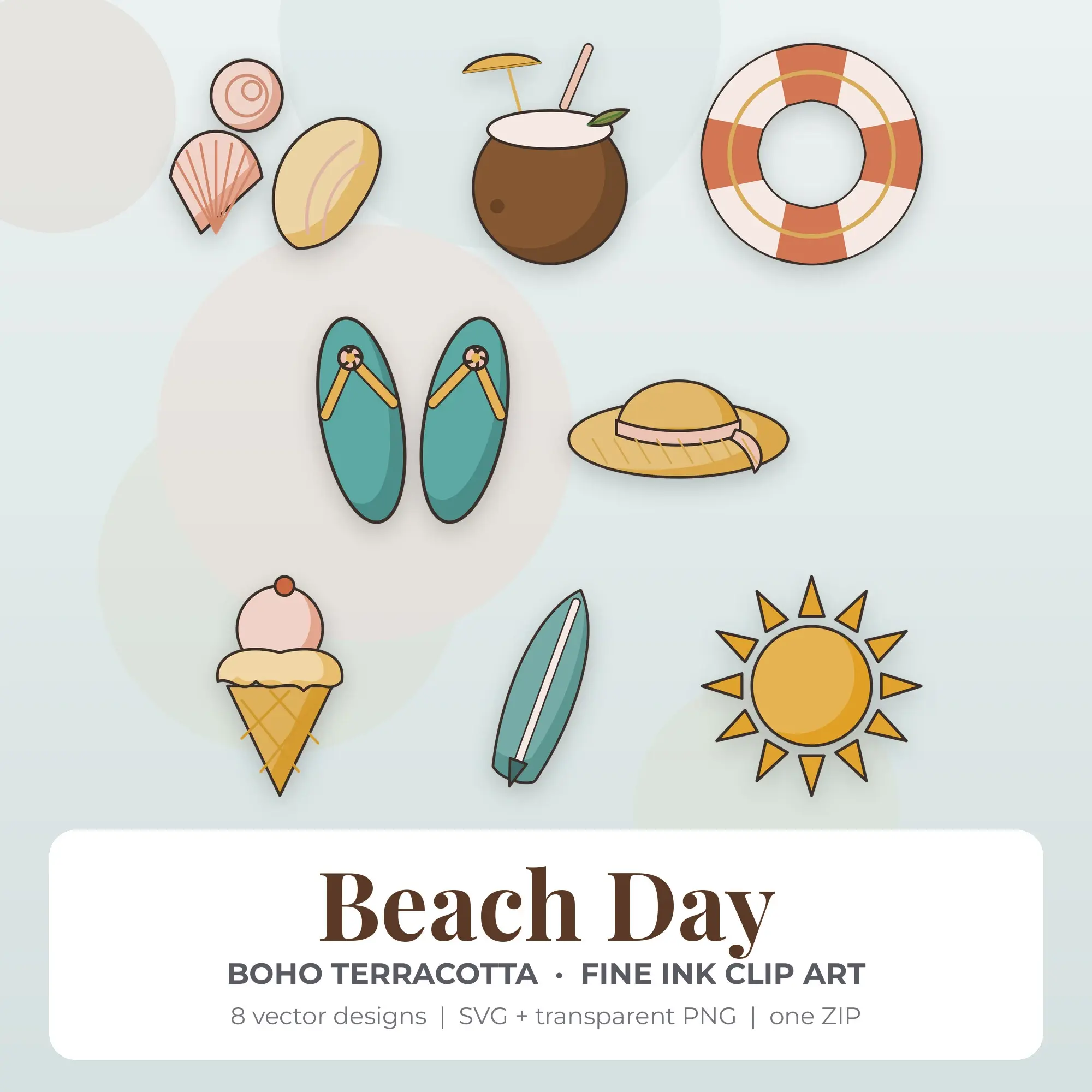 Beach Day Vector Clip Art in Boho Terracotta - 8 Designs, preview 1 of 2