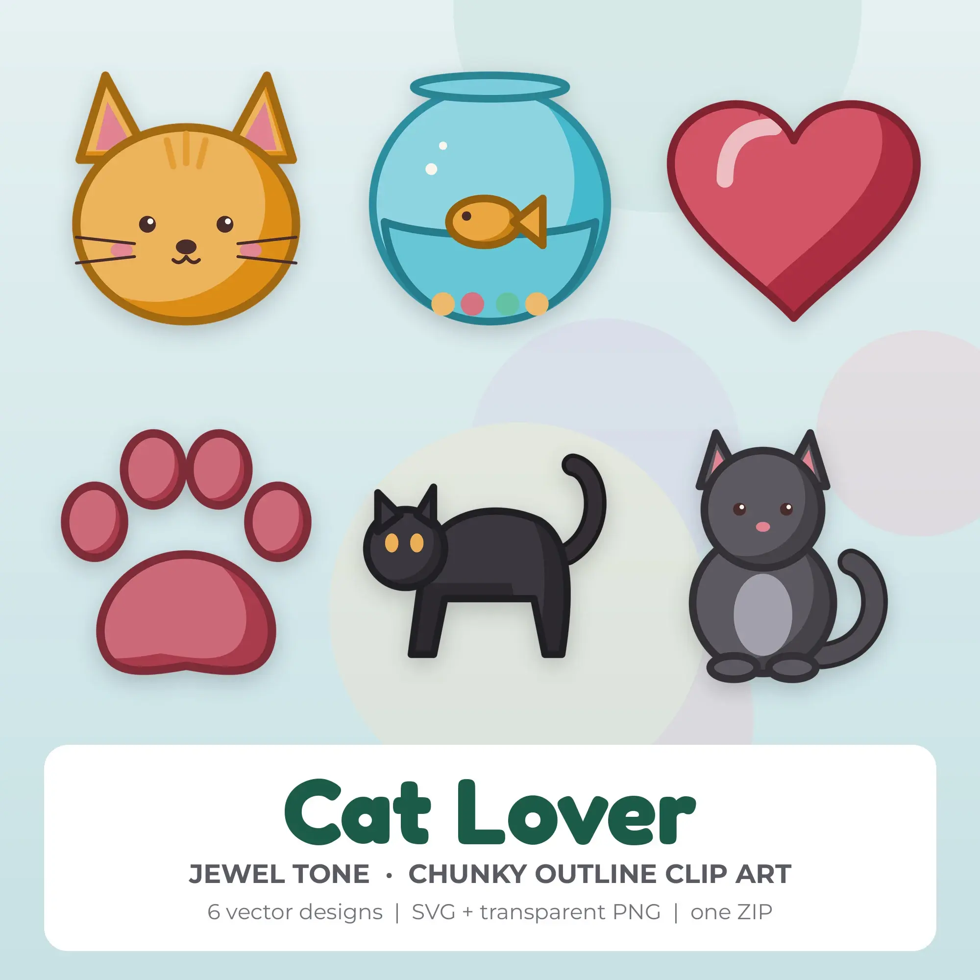 Jewel Tone Chunky Outline Cat Lover Clipart - 6 Vector Files preview