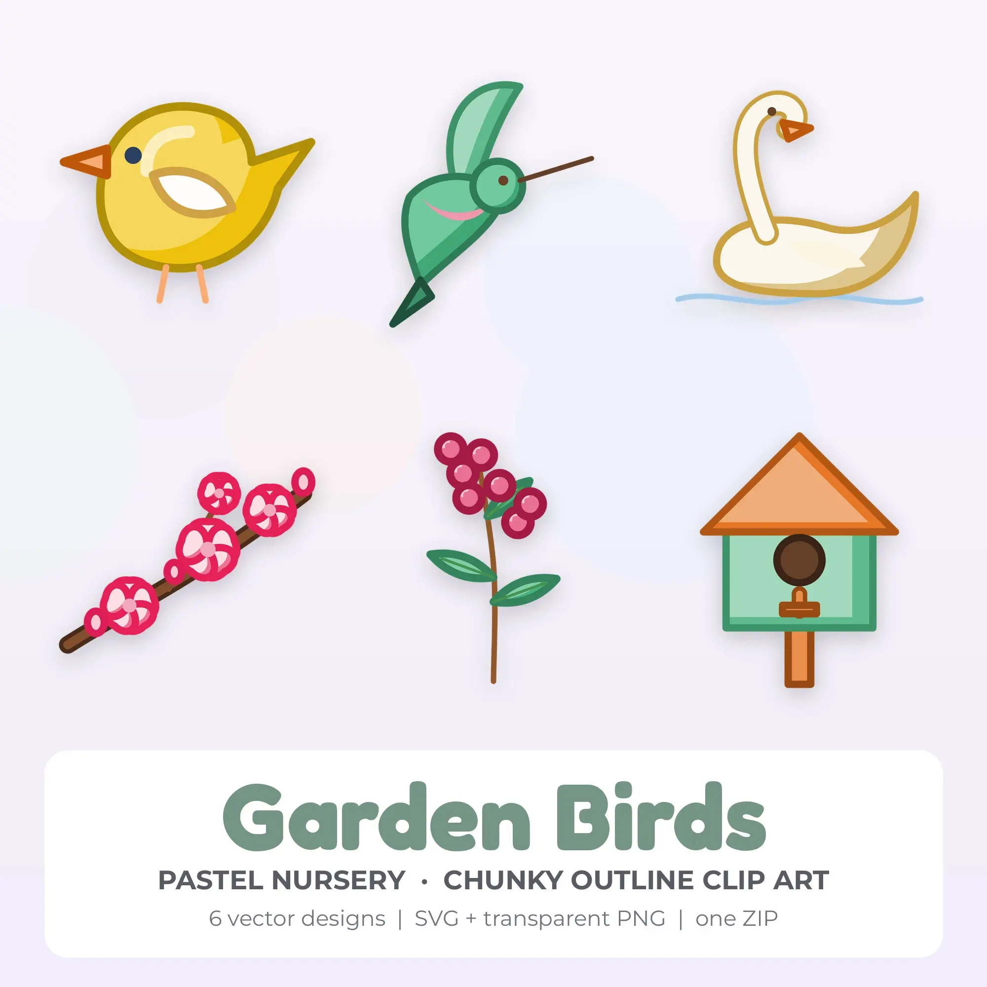 Garden Birds SVG Clipart Pack, Chunky Outline Style - 6 Designs preview
