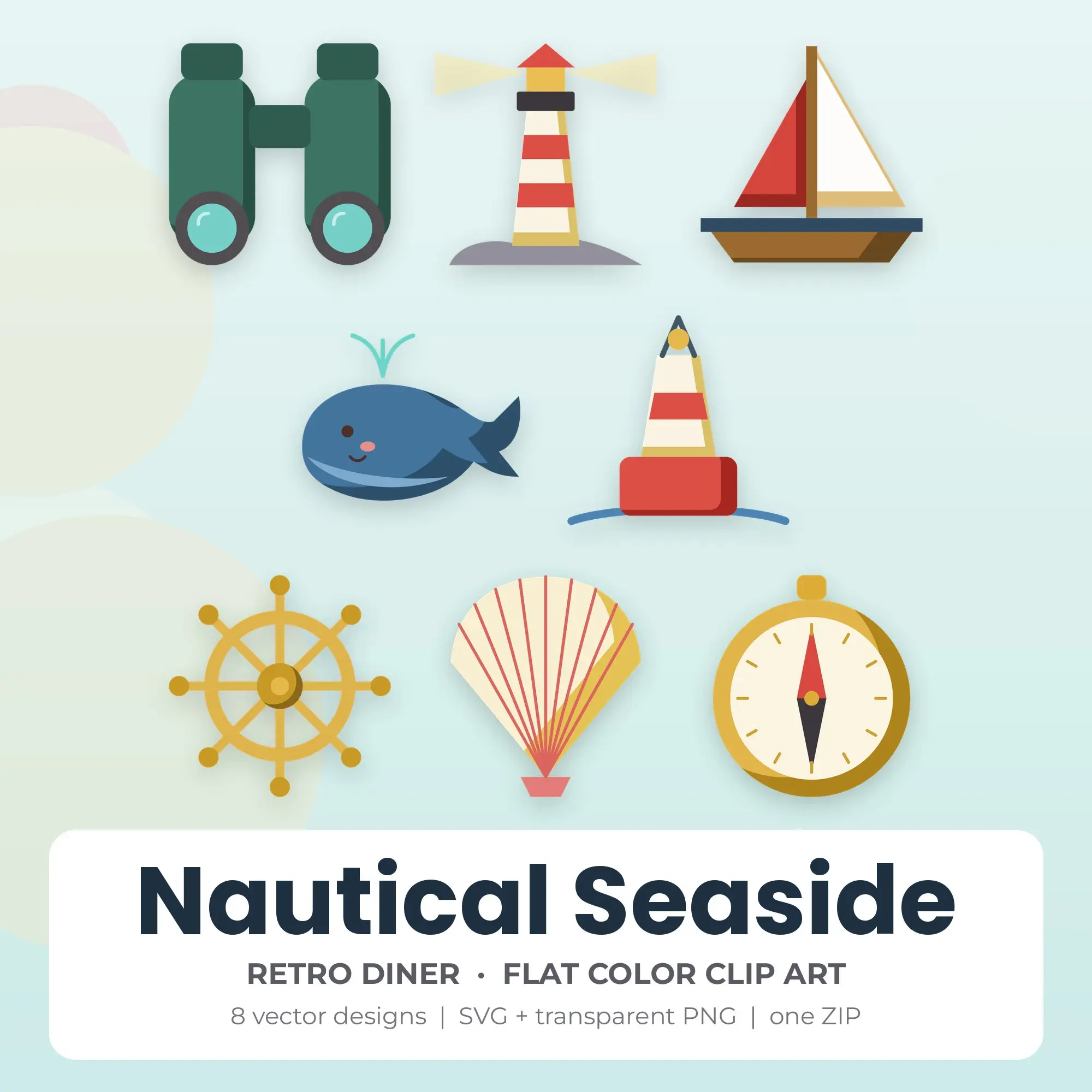 Retro Diner Nautical Seaside Clip Art Set - 8 Vector SVG PNG preview