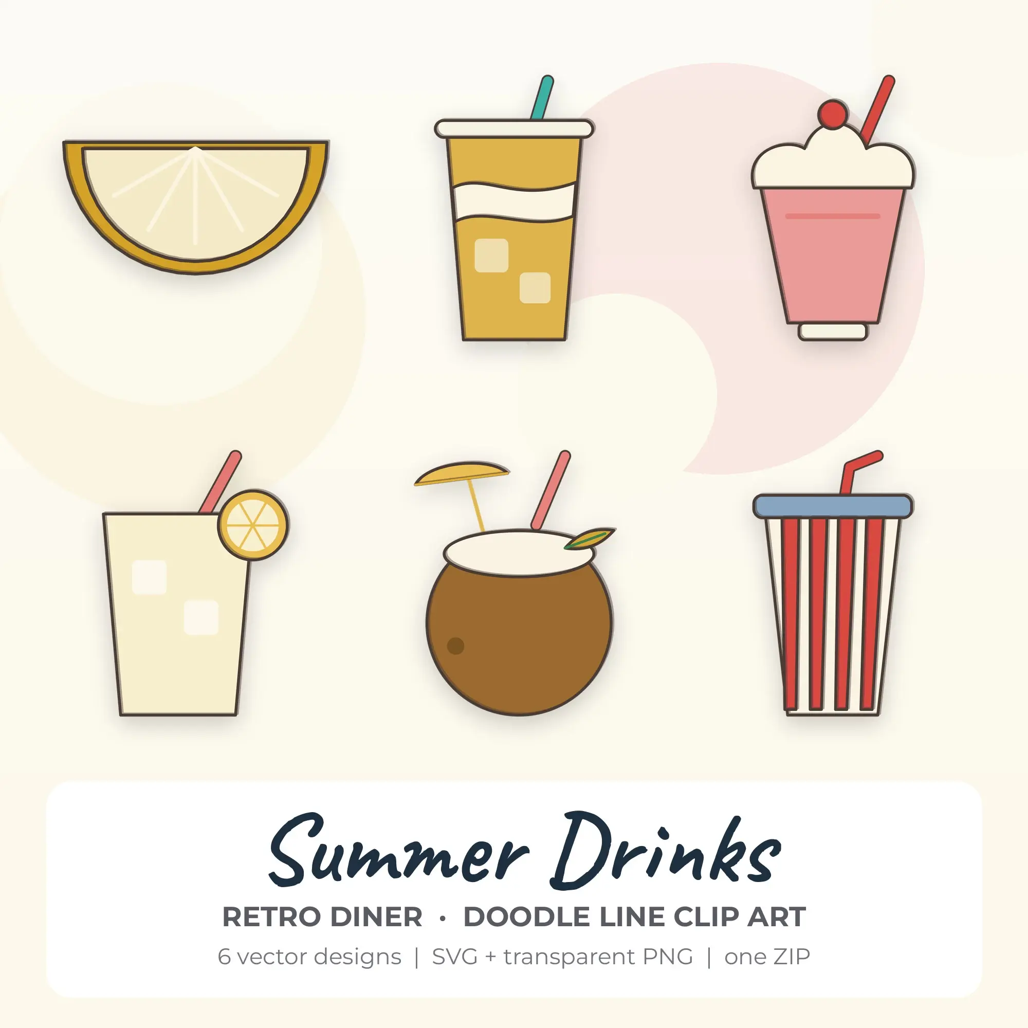 Summer Drinks Clipart, Retro Diner Doodle Line - 6 SVG PNG preview