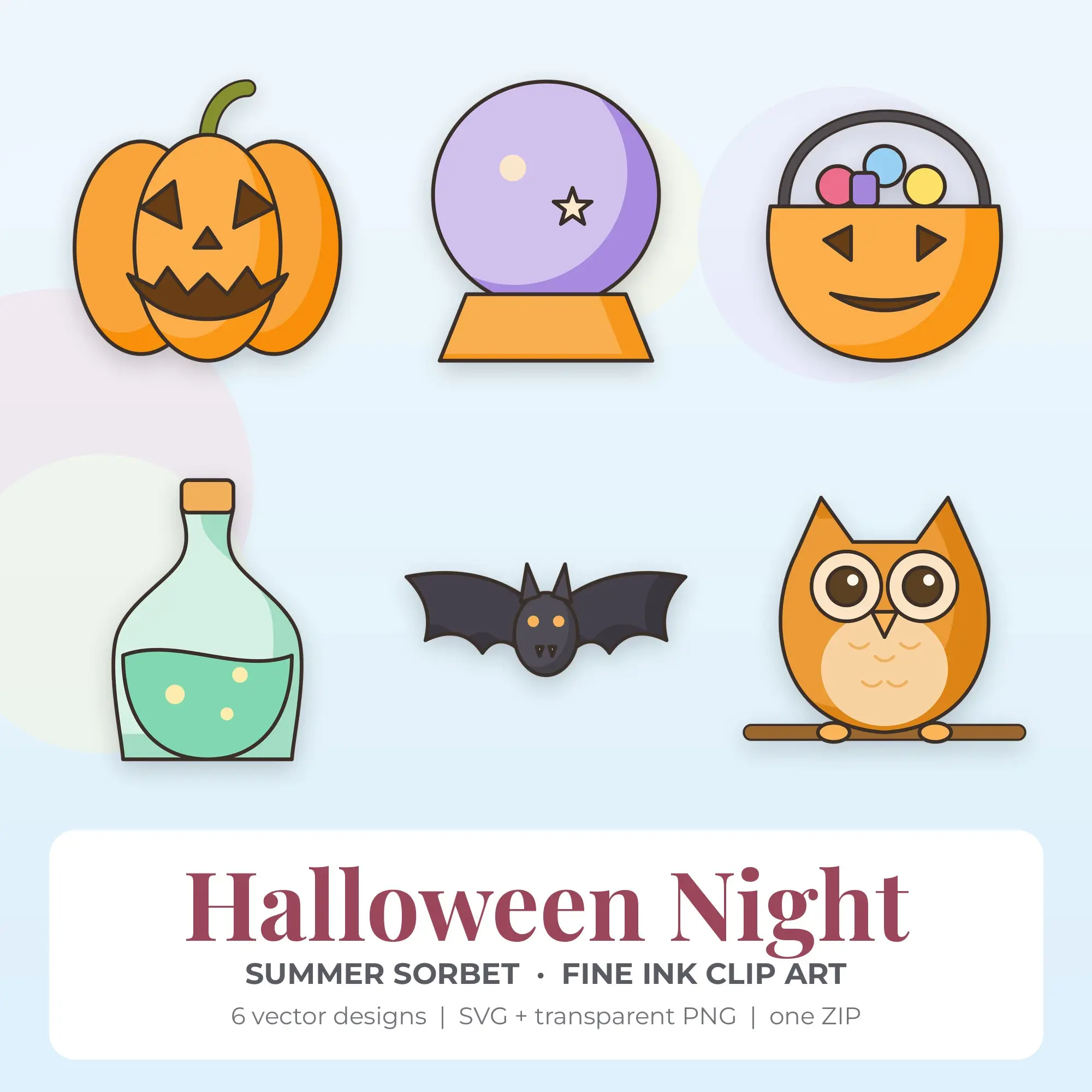 6 Fine Ink Halloween Night Clipart Illustrations, SVG PNG preview