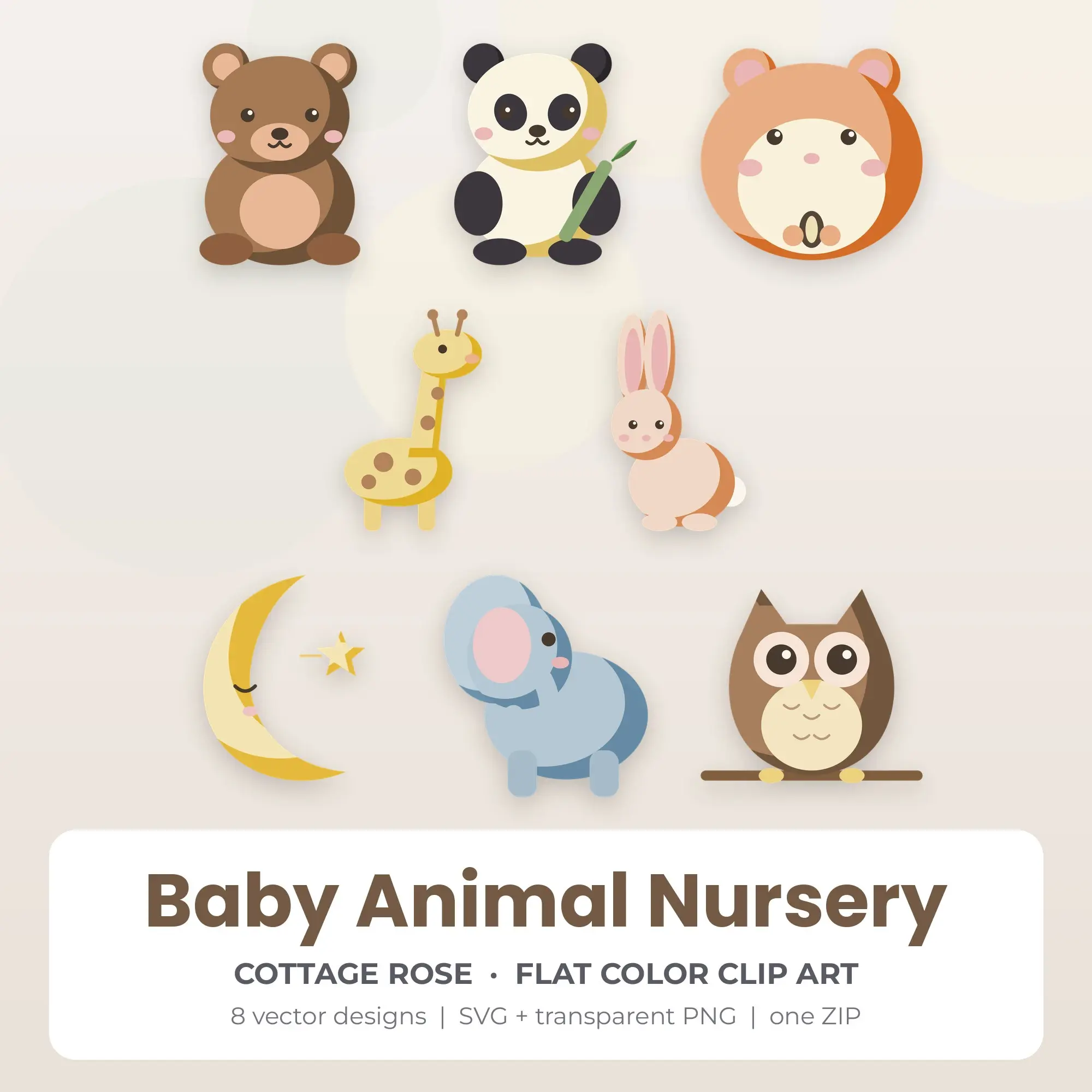 Baby Animal Nursery SVG Clipart Pack, Flat Color Style - 8 Designs preview