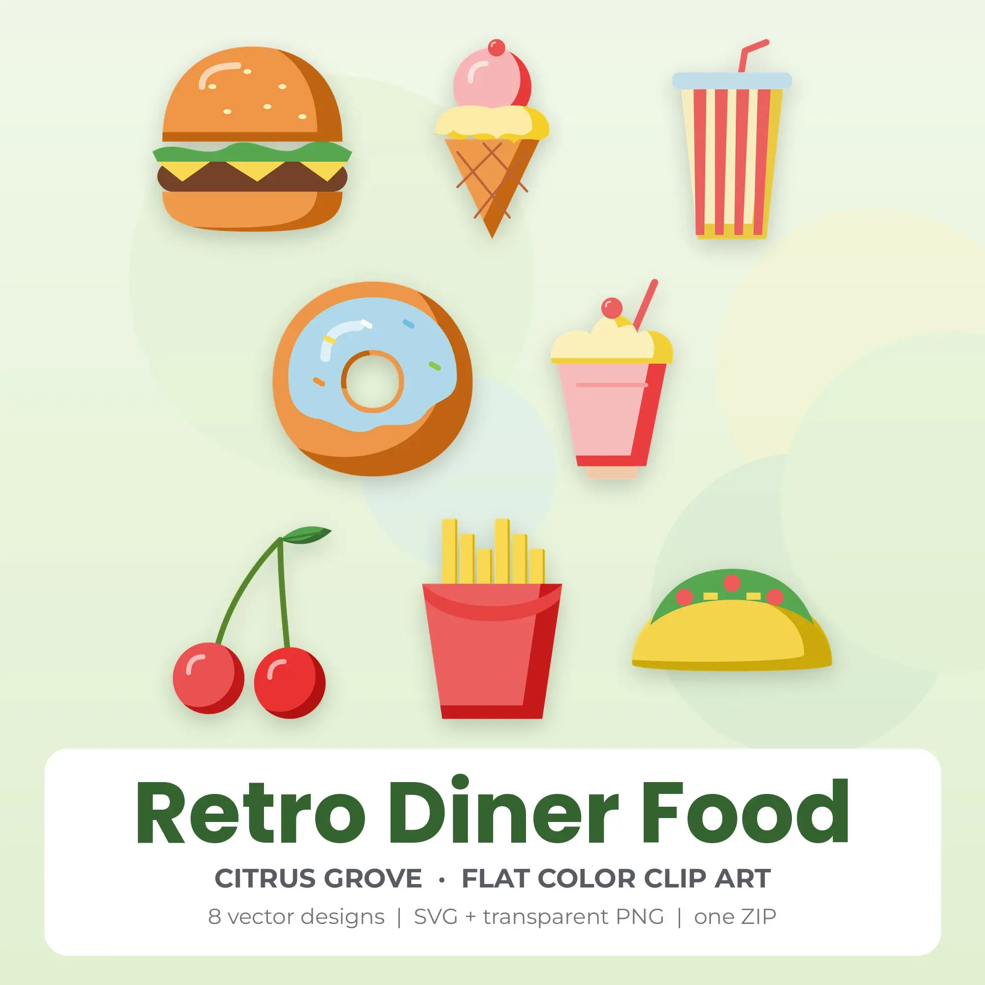 Retro Diner Food SVG Clipart Pack, Flat Color Style - 8 Designs preview