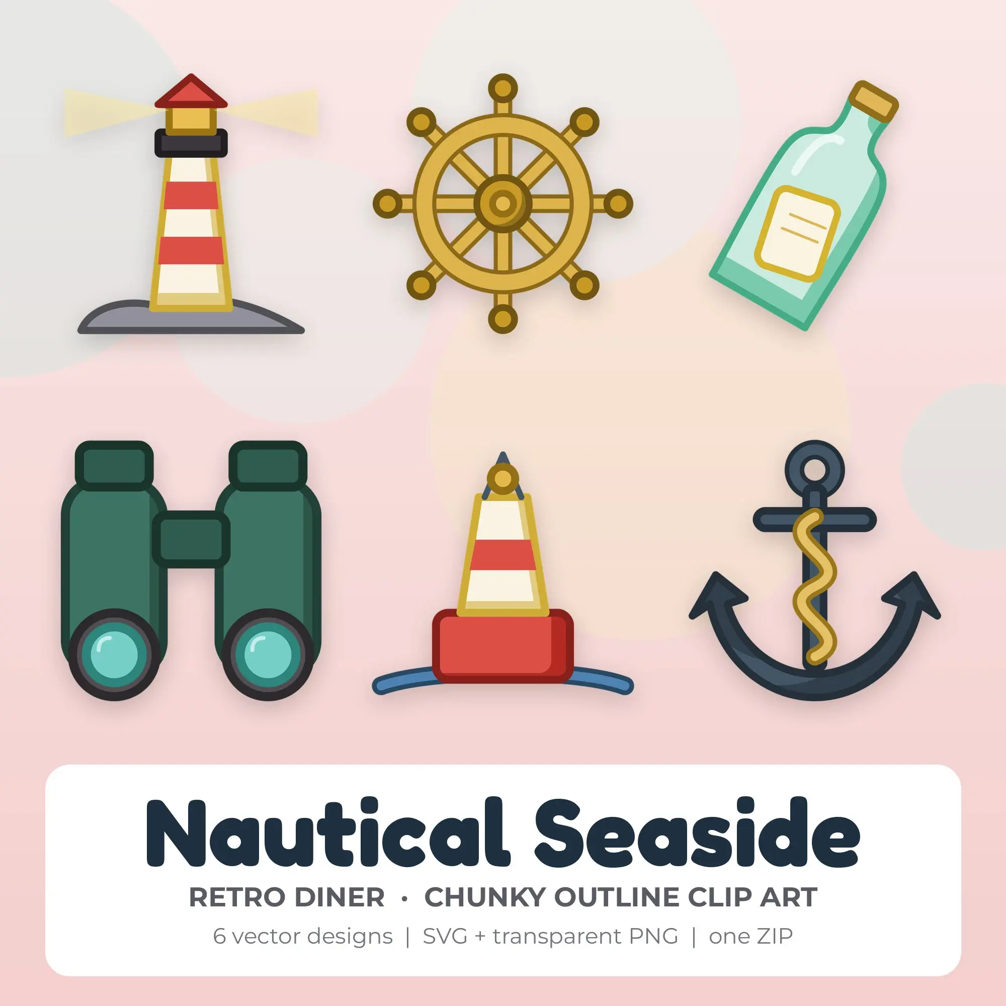 Nautical Seaside SVG Clipart Pack, Chunky Outline Style - 6 Designs preview