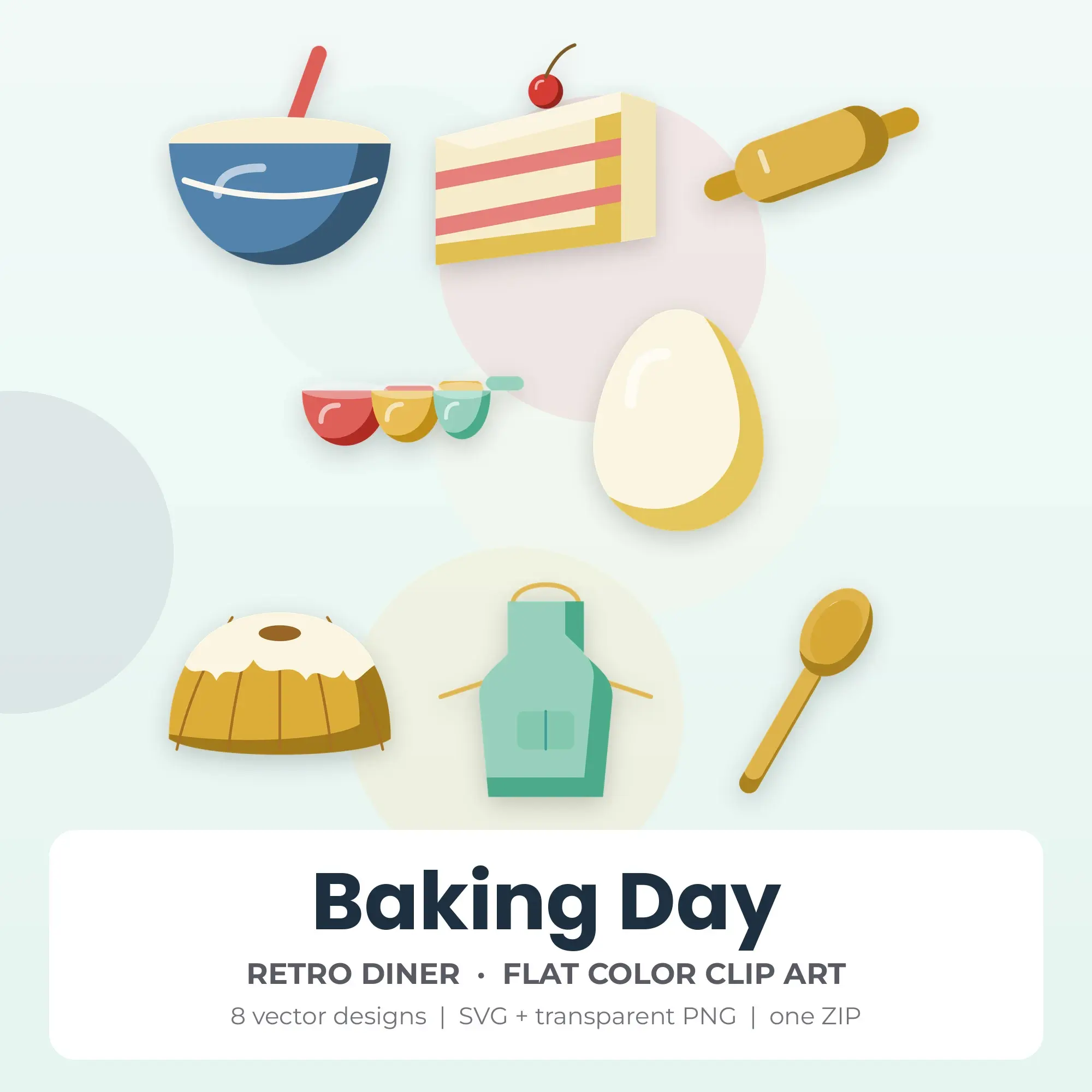 Baking Day Clipart, Retro Diner Flat Color - 8 SVG PNG preview