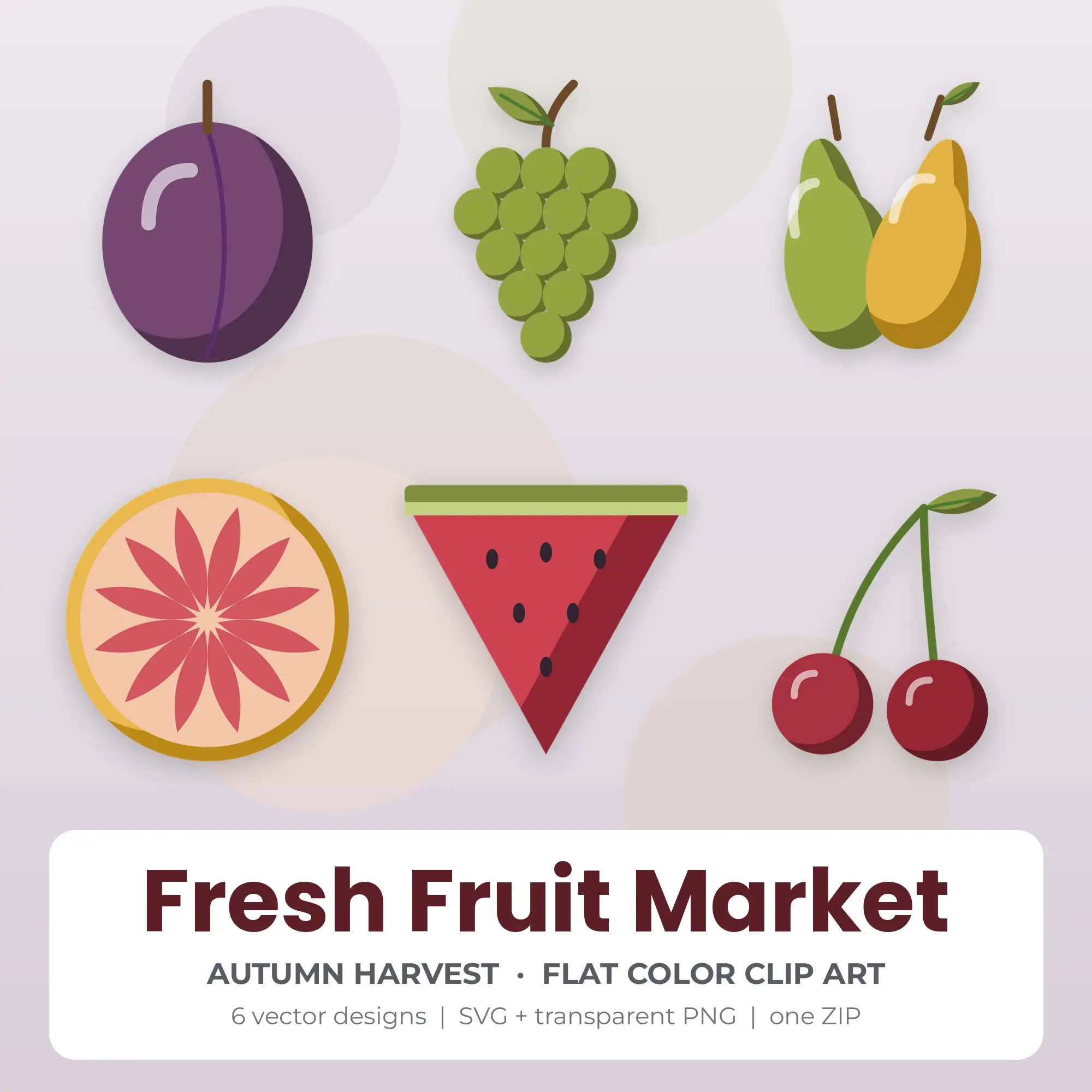 Autumn Harvest Flat Color Fresh Fruit Market Clipart - 6 Vector Files preview