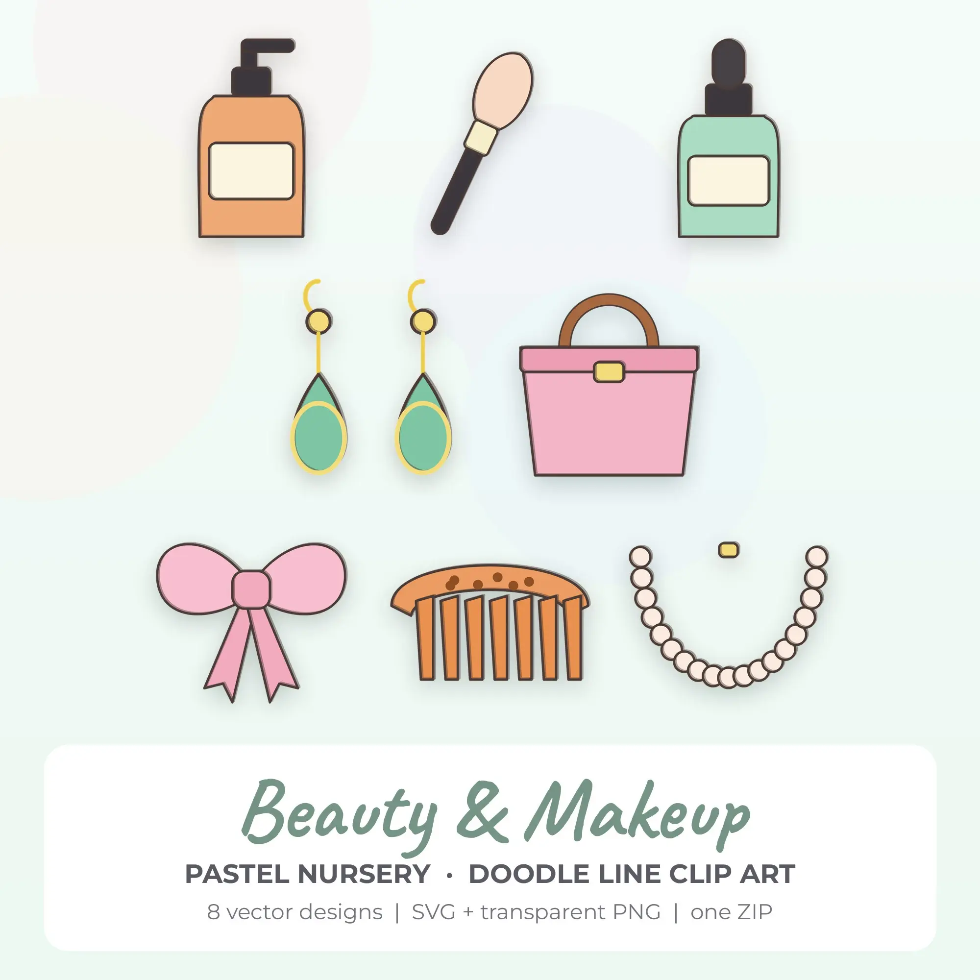 Pastel Nursery Doodle Line Beauty & Makeup Clipart - 8 Vector Files preview