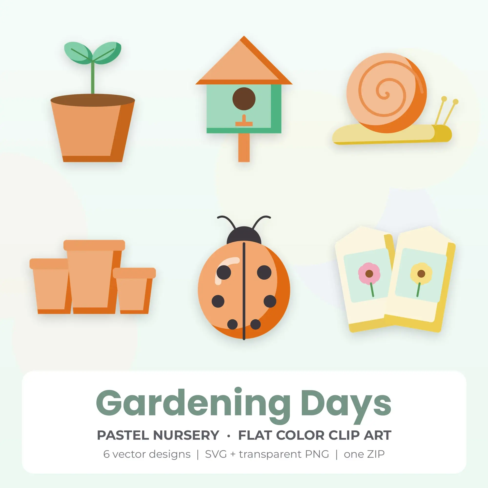 Flat Color Gardening Days Clipart Bundle, Pastel Nursery - 6 PNG SVG preview