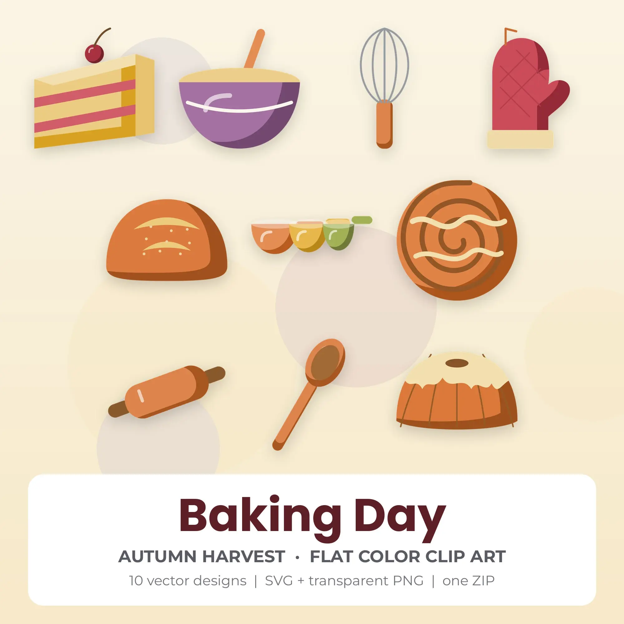 Flat Color Baking Day Clipart Bundle, Autumn Harvest - 10 PNG SVG preview