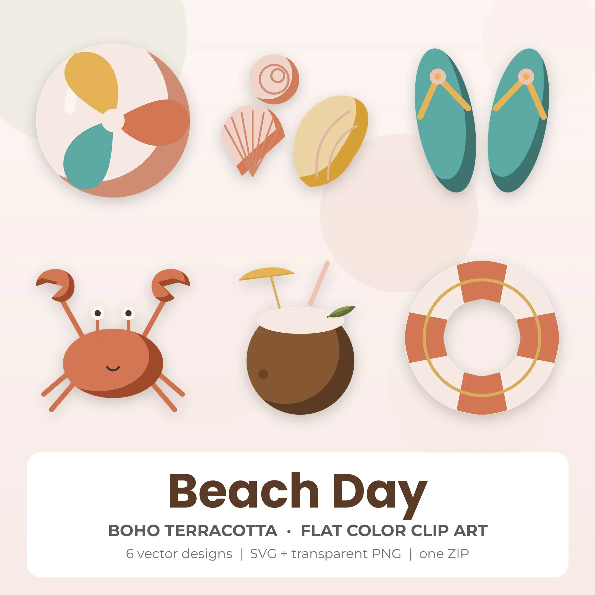 Boho Terracotta Beach Day Clip Art Set - 6 Vector SVG PNG, preview 1 of 2