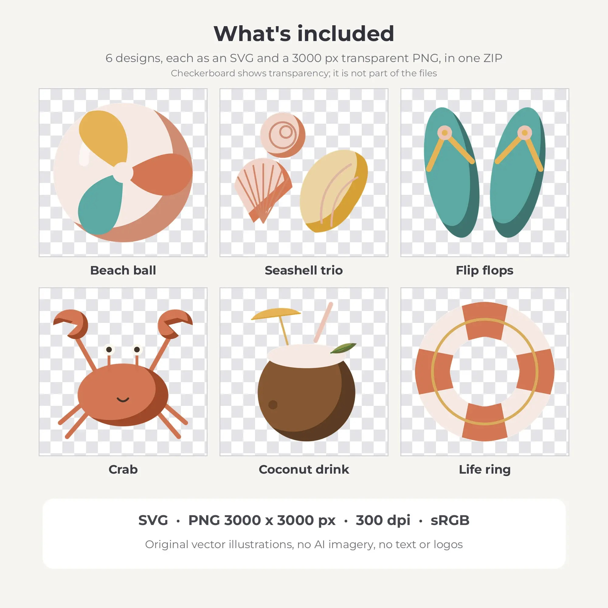 Boho Terracotta Beach Day Clip Art Set - 6 Vector SVG PNG, preview 2 of 2