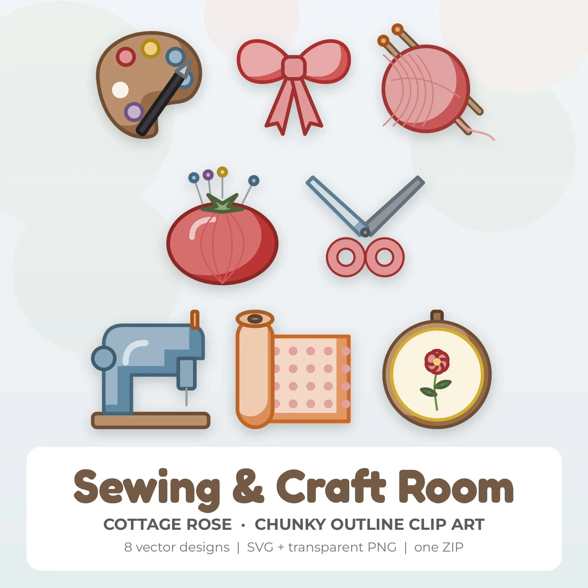 Sewing & Craft Room SVG Clipart Pack, Chunky Outline Style - 8 Designs preview
