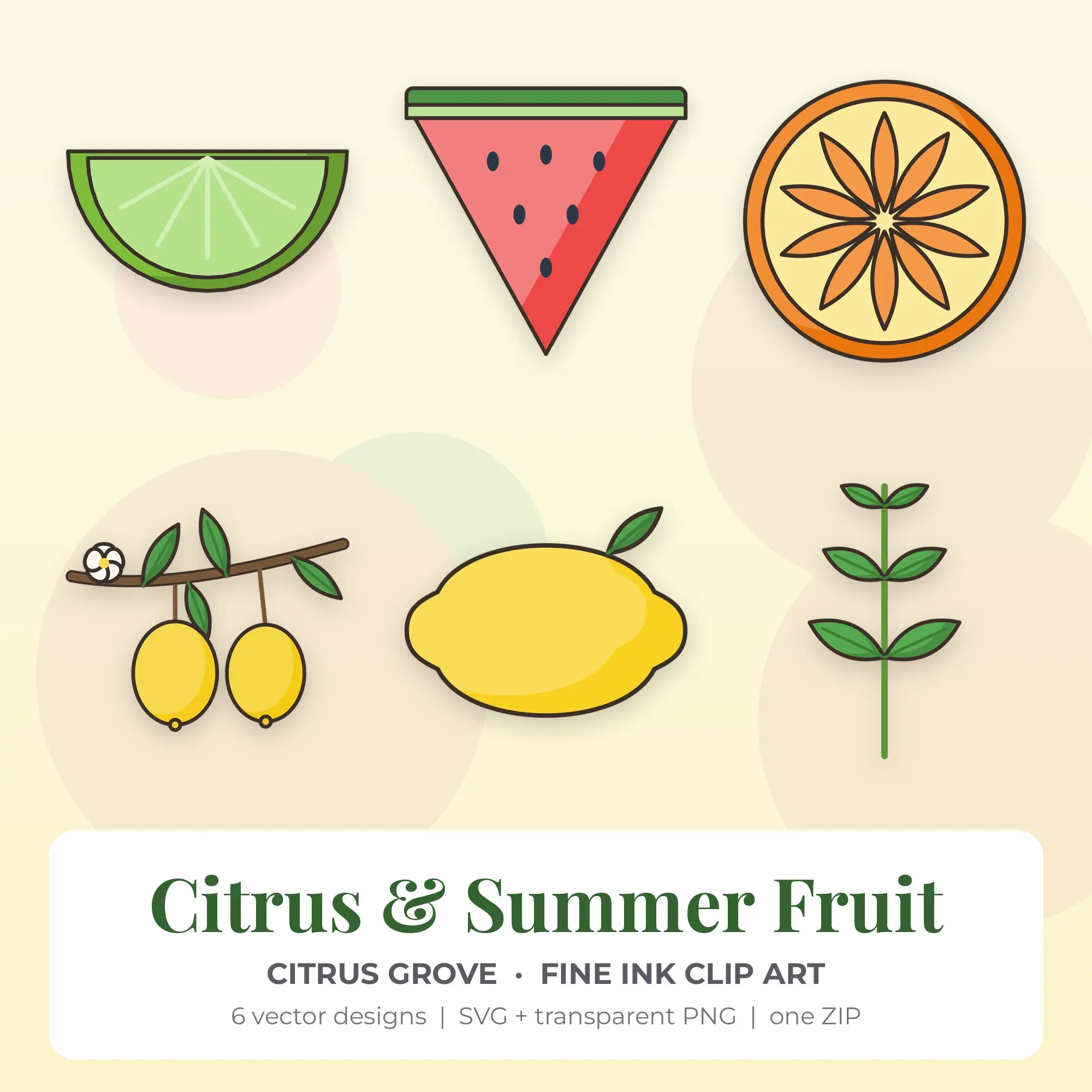Citrus Grove Fine Ink Citrus & Summer Fruit Clipart - 6 Vector Files preview