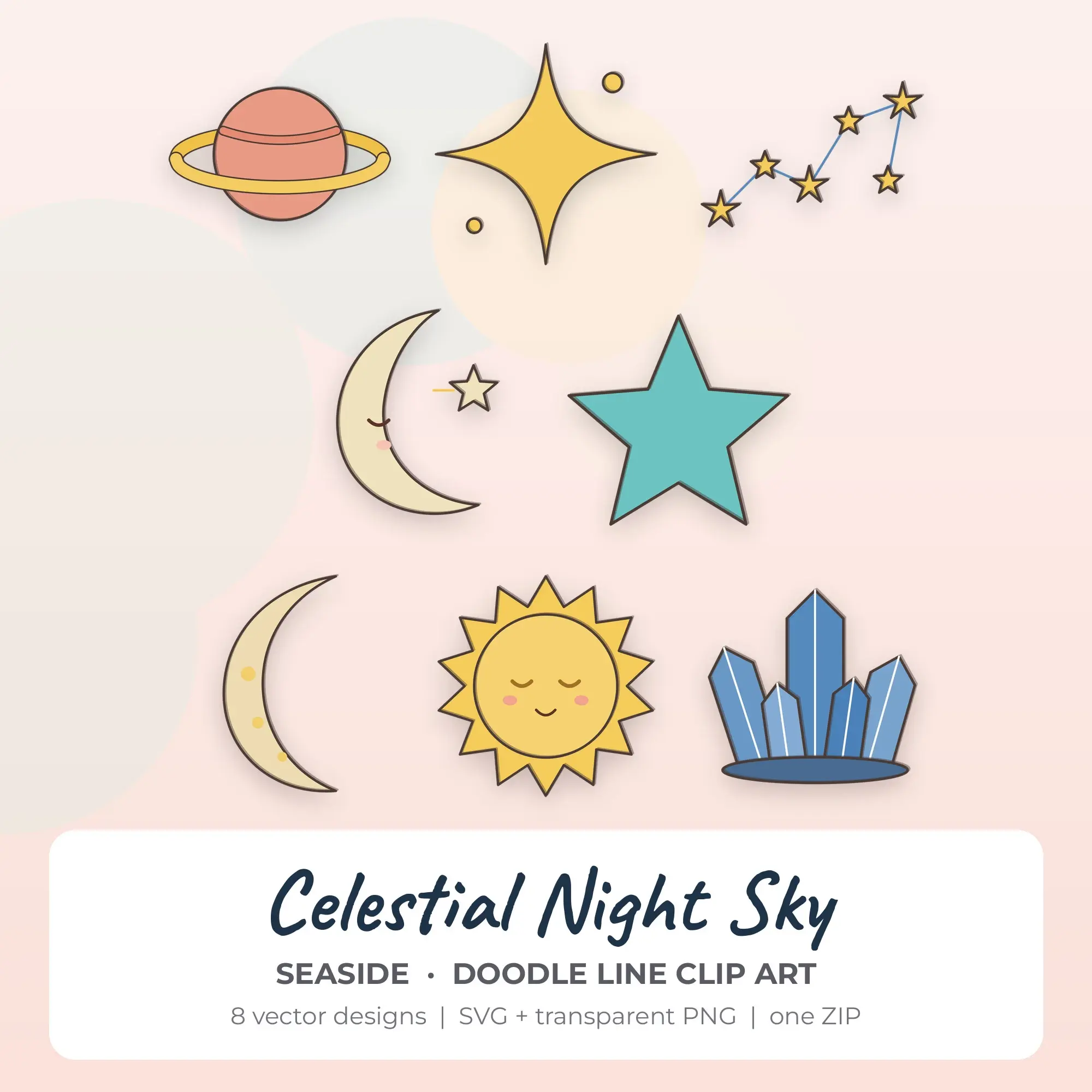 Seaside Doodle Line Celestial Night Sky Clipart - 8 Vector Files preview