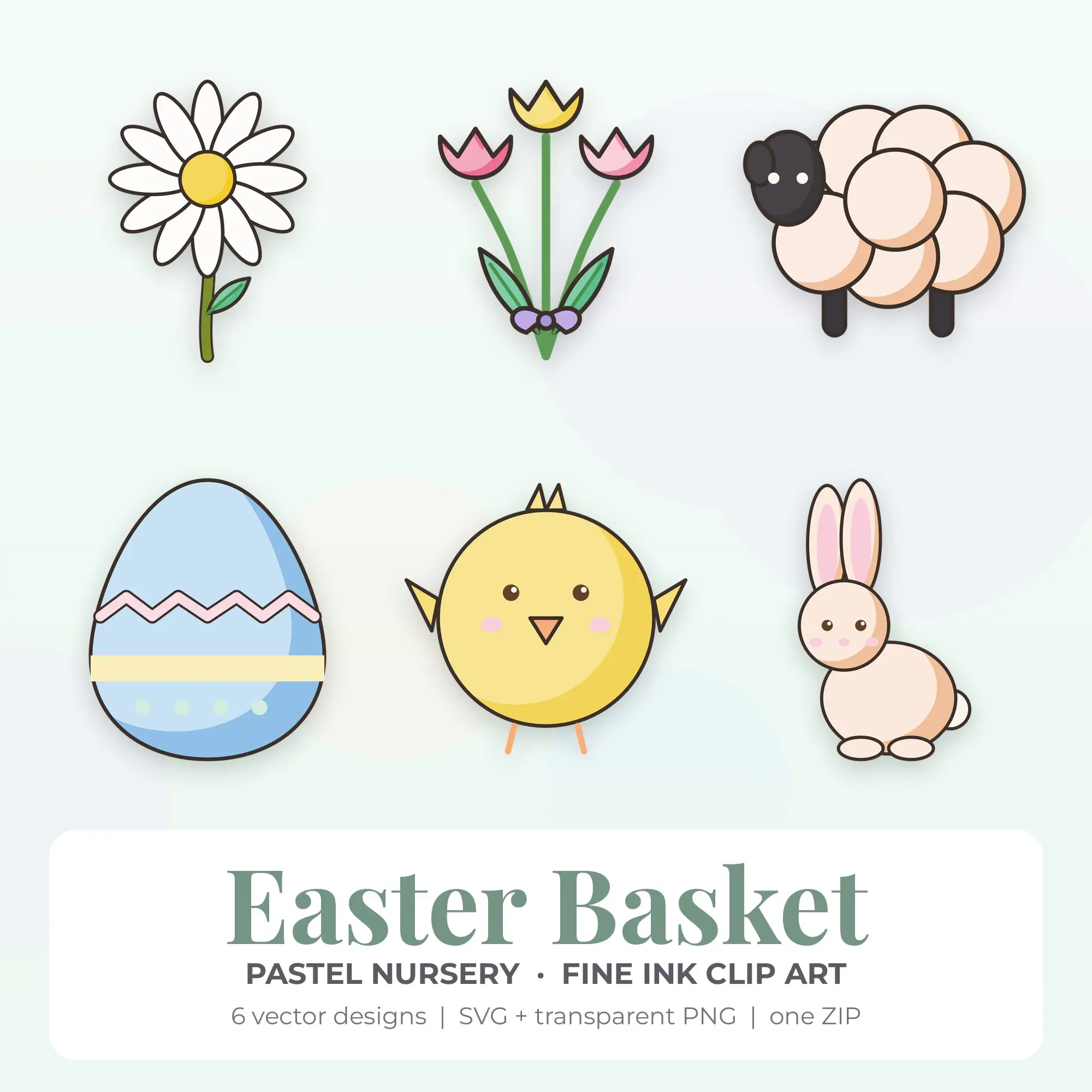 Fine Ink Easter Basket Clipart Bundle, Pastel Nursery - 6 PNG SVG preview