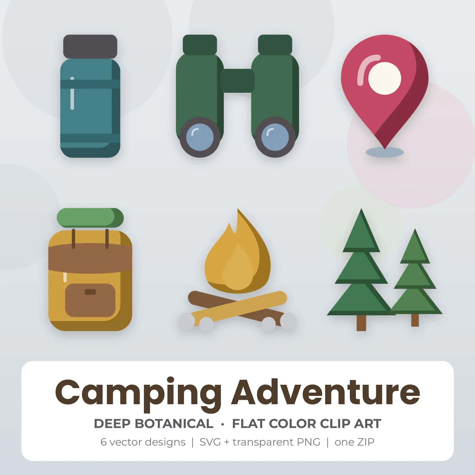 Deep Botanical Camping Adventure Clip Art Set - 6 Vector SVG PNG preview