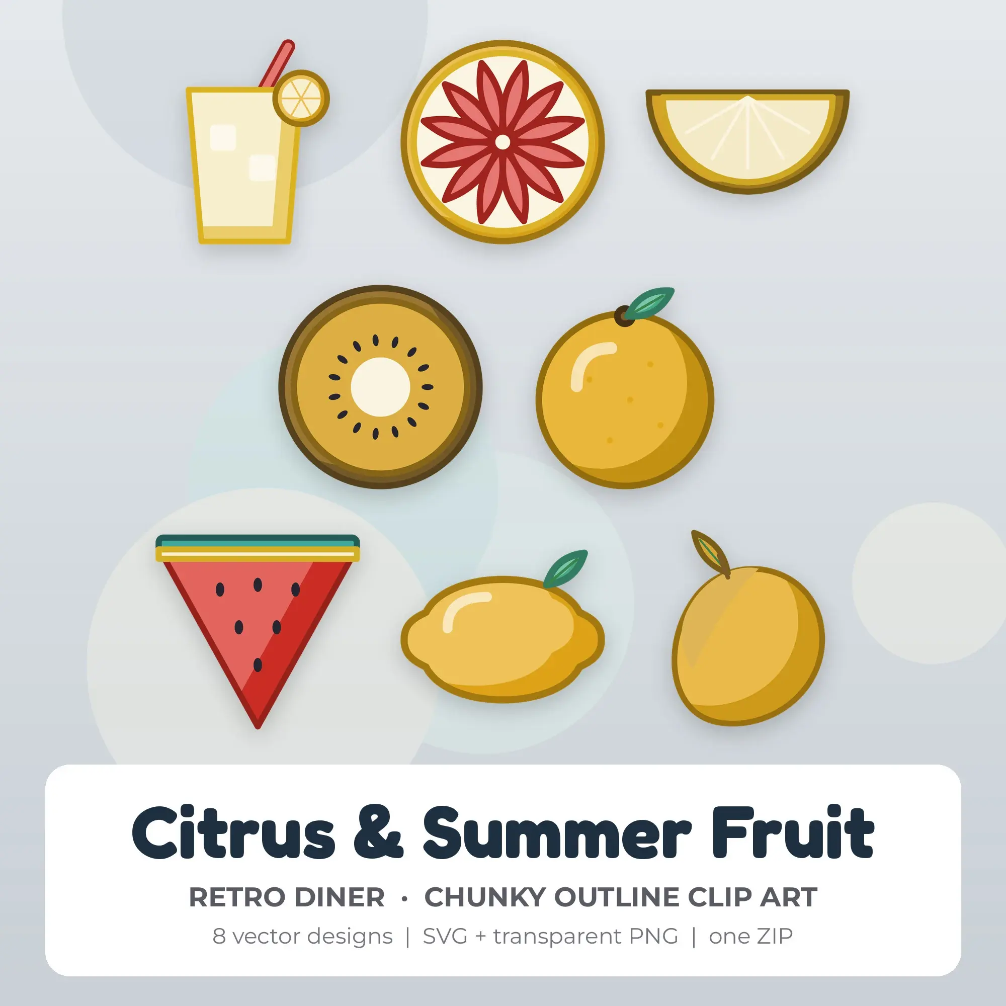Citrus & Summer Fruit Vector Clip Art in Retro Diner - 8 Designs preview