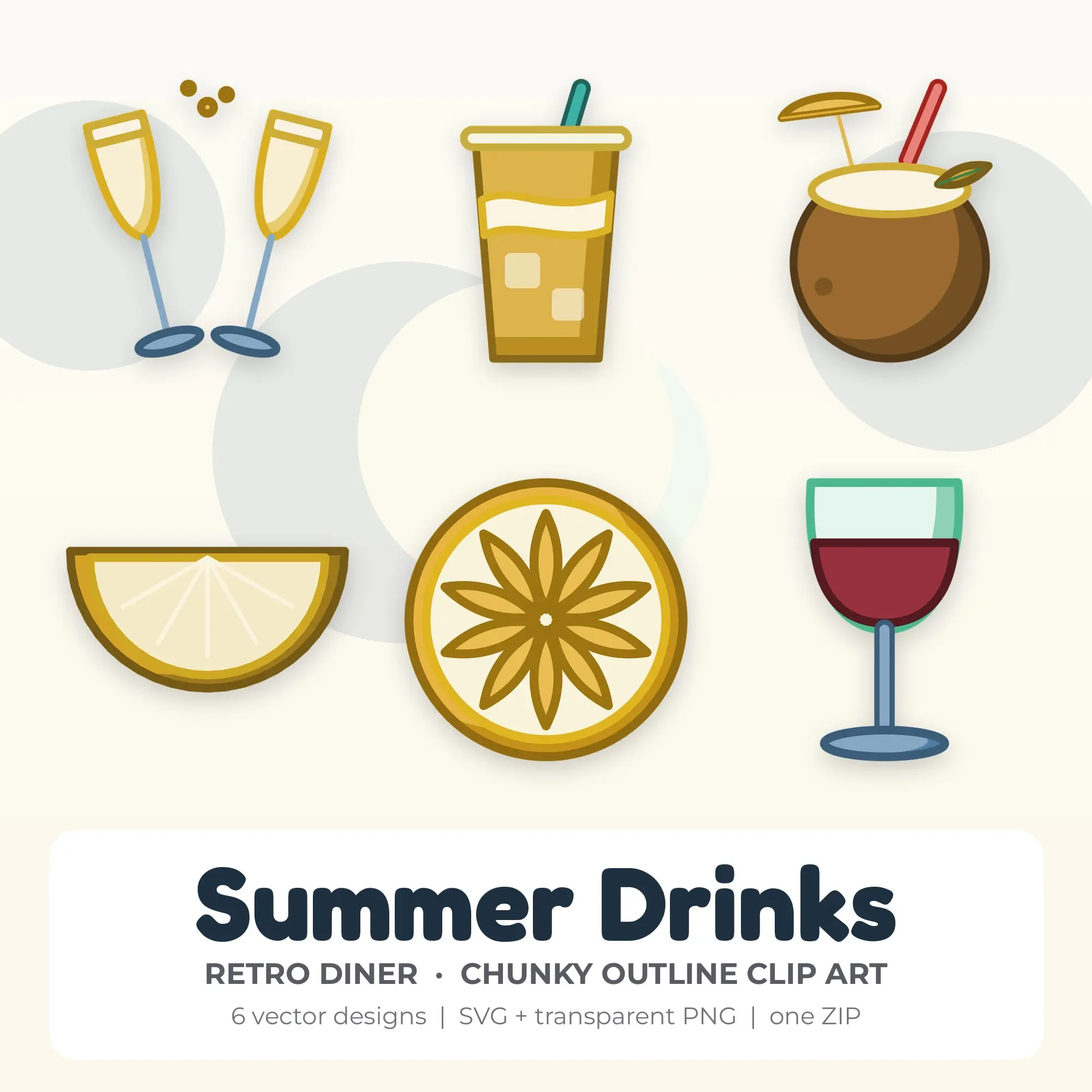 Chunky Outline Summer Drinks Clipart Bundle, Retro Diner - 6 PNG SVG preview