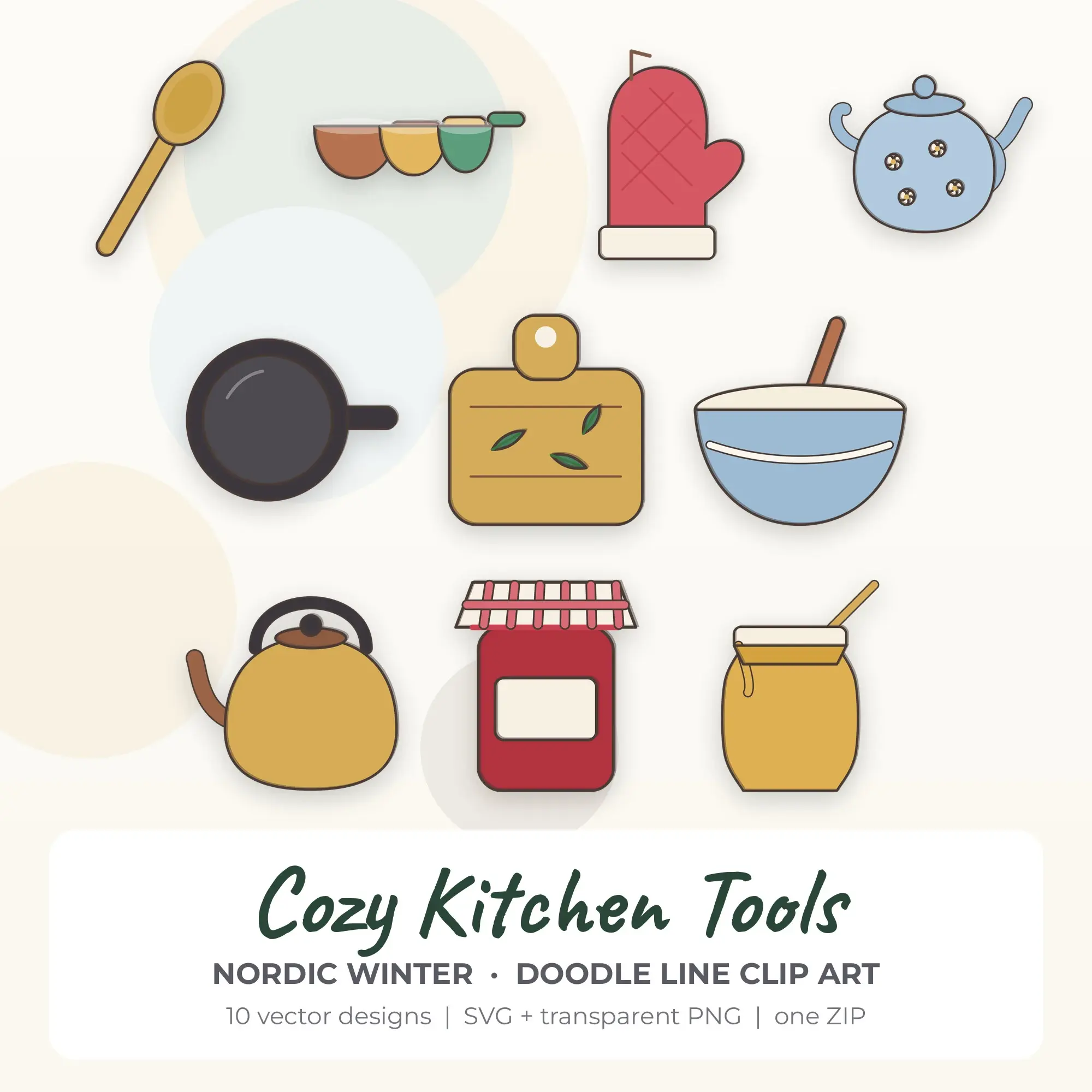 Nordic Winter Doodle Line Cozy Kitchen Tools Clipart - 10 Vector Files preview