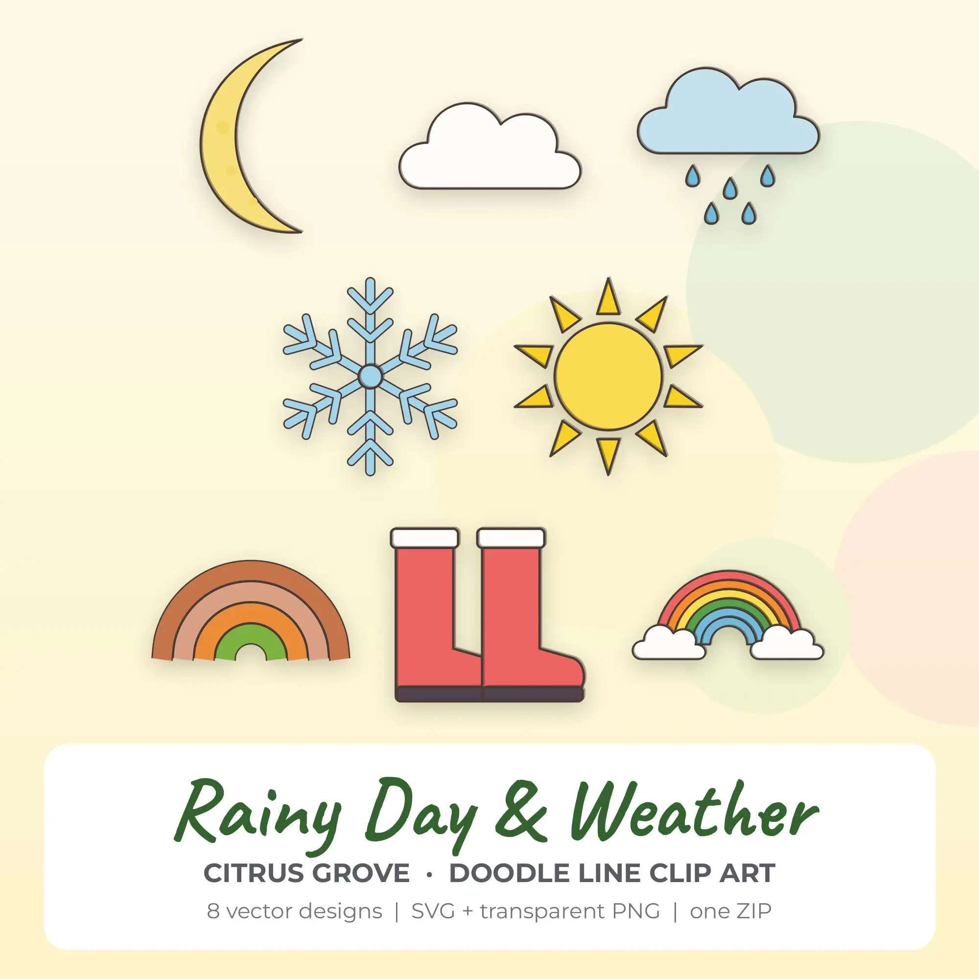 Rainy Day & Weather Clipart, Citrus Grove Doodle Line - 8 SVG PNG preview