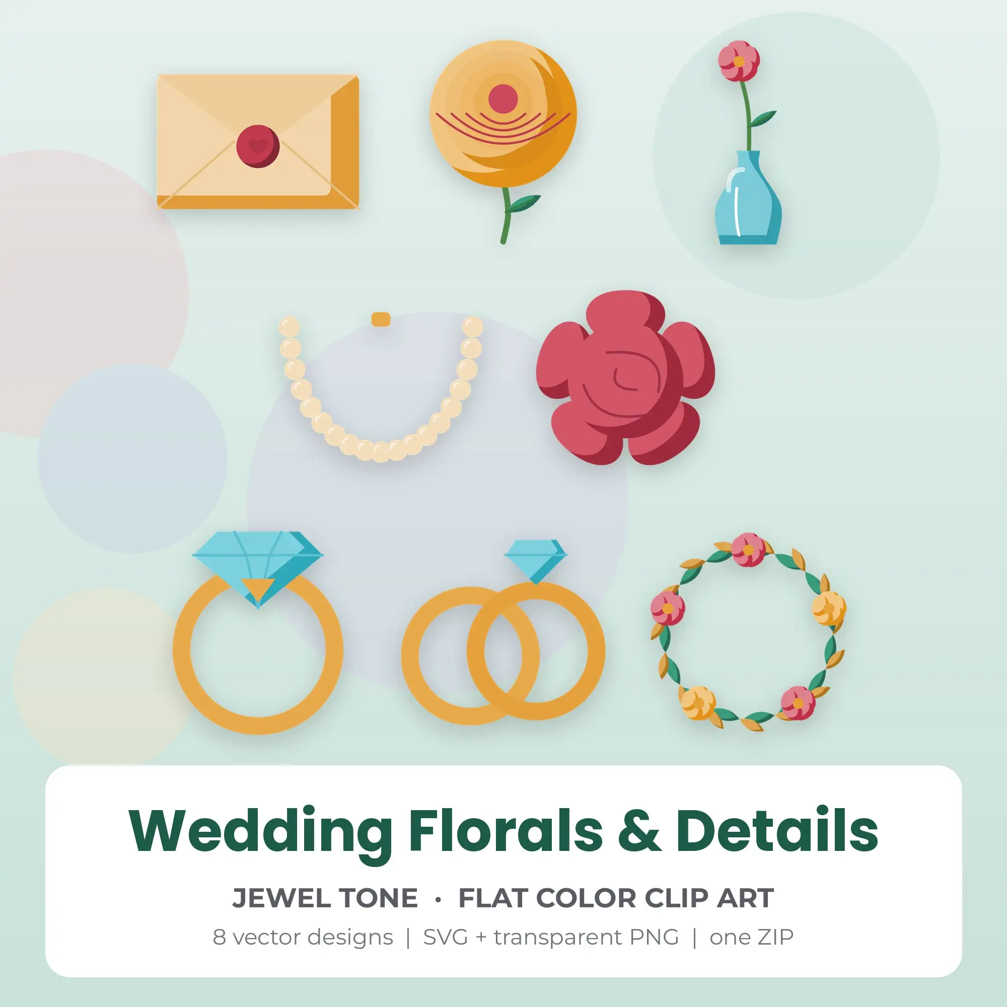 Wedding Florals & Details Clipart, Jewel Tone Flat Color - 8 SVG PNG preview