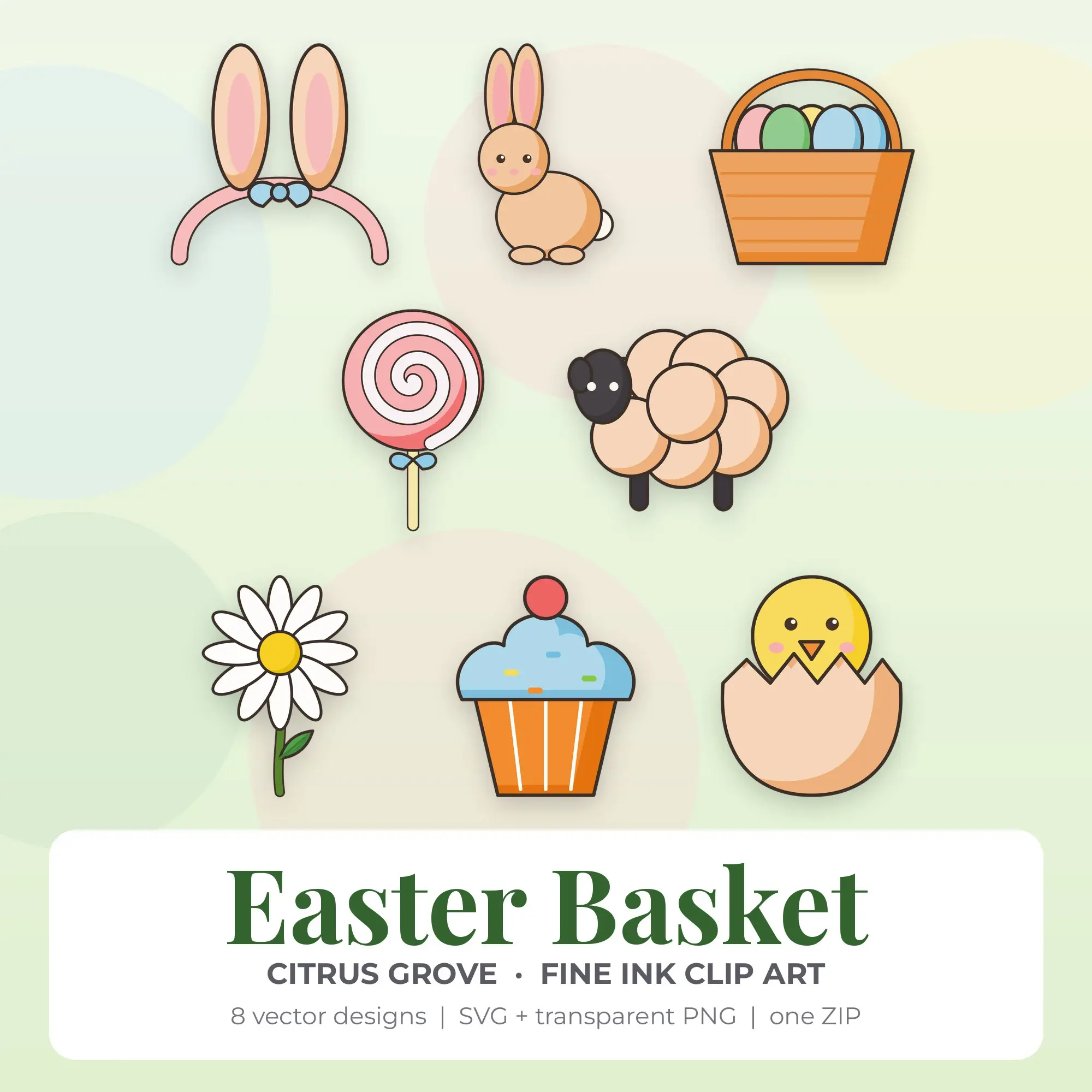 Fine Ink Easter Basket Clipart Bundle, Citrus Grove - 8 PNG SVG preview