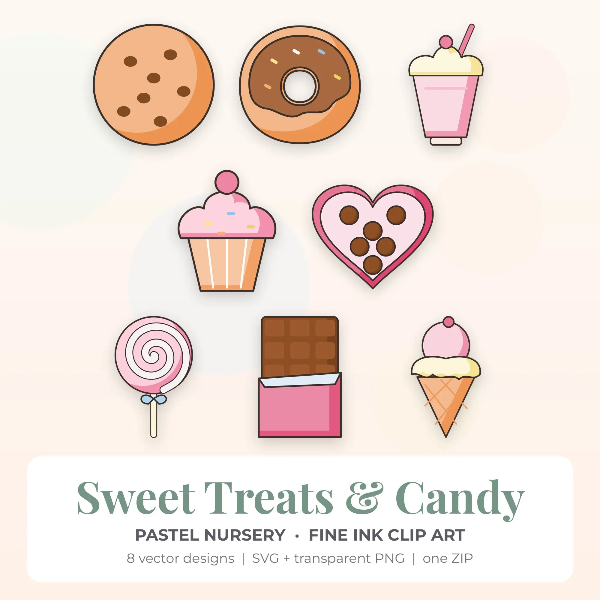 Pastel Nursery Sweet Treats & Candy Clip Art Set - 8 Vector SVG PNG preview