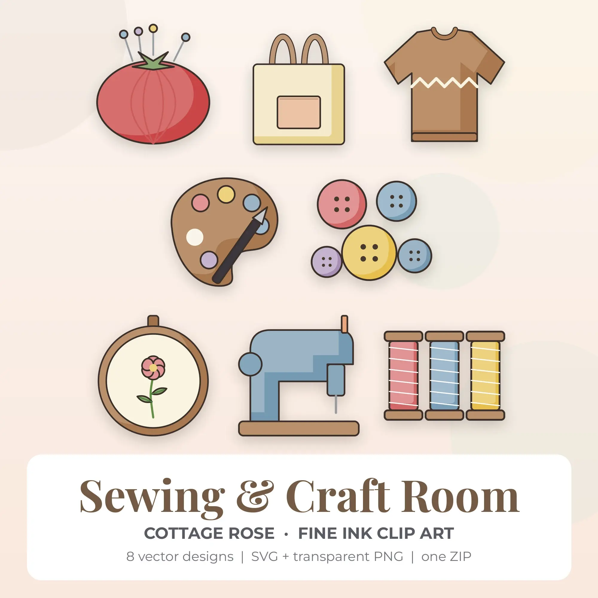 Fine Ink Sewing & Craft Room Clipart Bundle, Cottage Rose - 8 PNG SVG preview