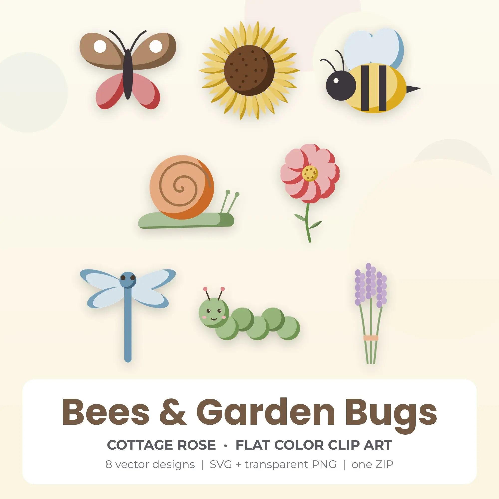 Cottage Rose Flat Color Bees & Garden Bugs Clipart - 8 Vector Files preview
