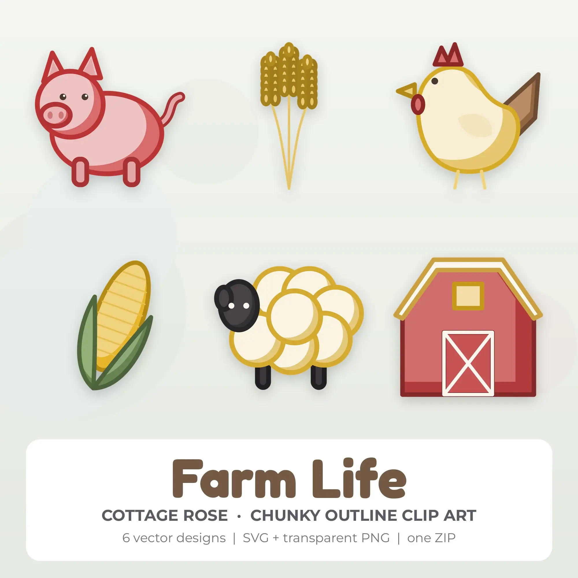 Cottage Rose Chunky Outline Farm Life Clipart - 6 Vector Files preview